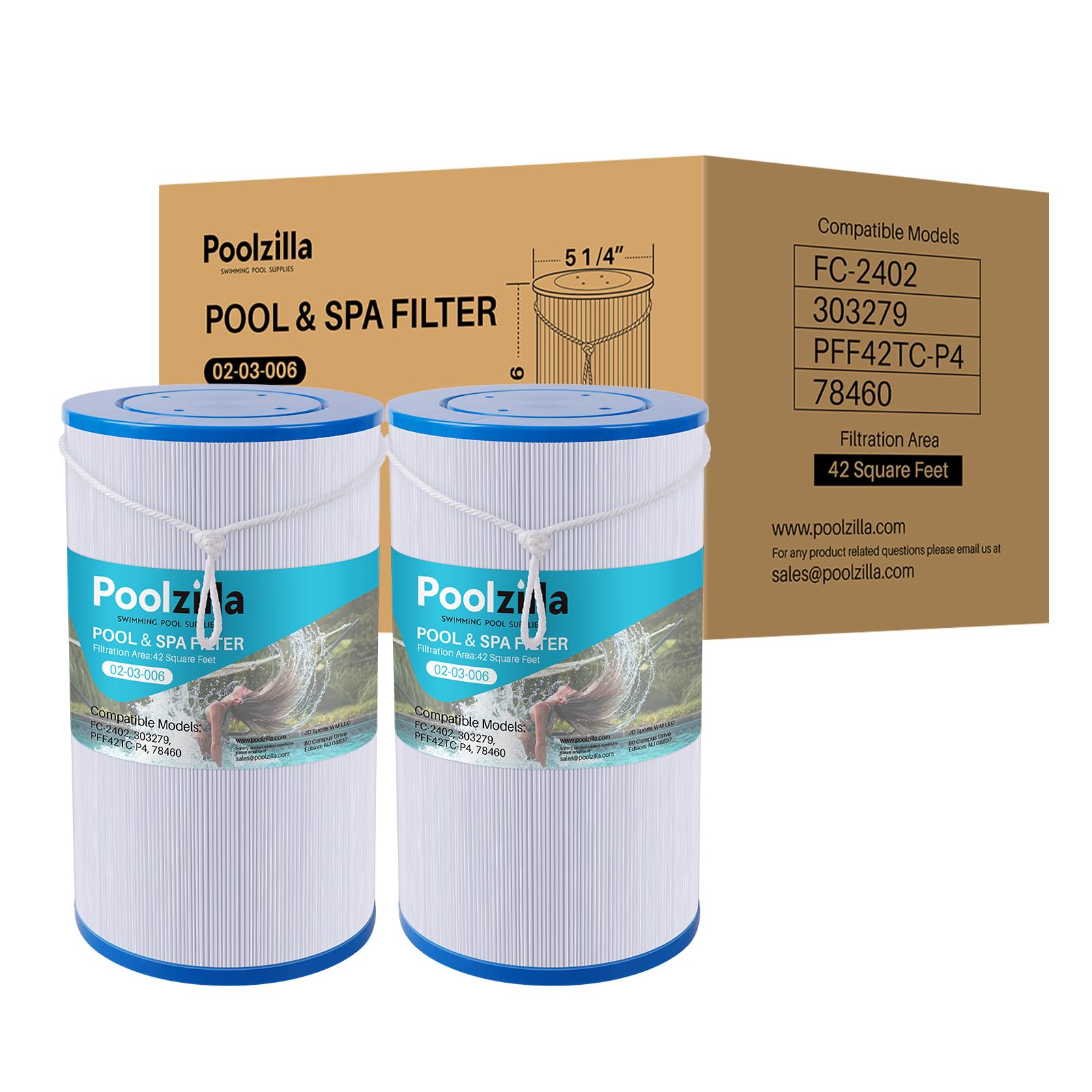 Poolzilla 2-Pack Spa Filter Replacement Cartridge, FC-2402 for Watkins 303279, PFF42TC-P4, 78460, SD-01322 (L x OD: 9 3/8” x 5 1/4”)