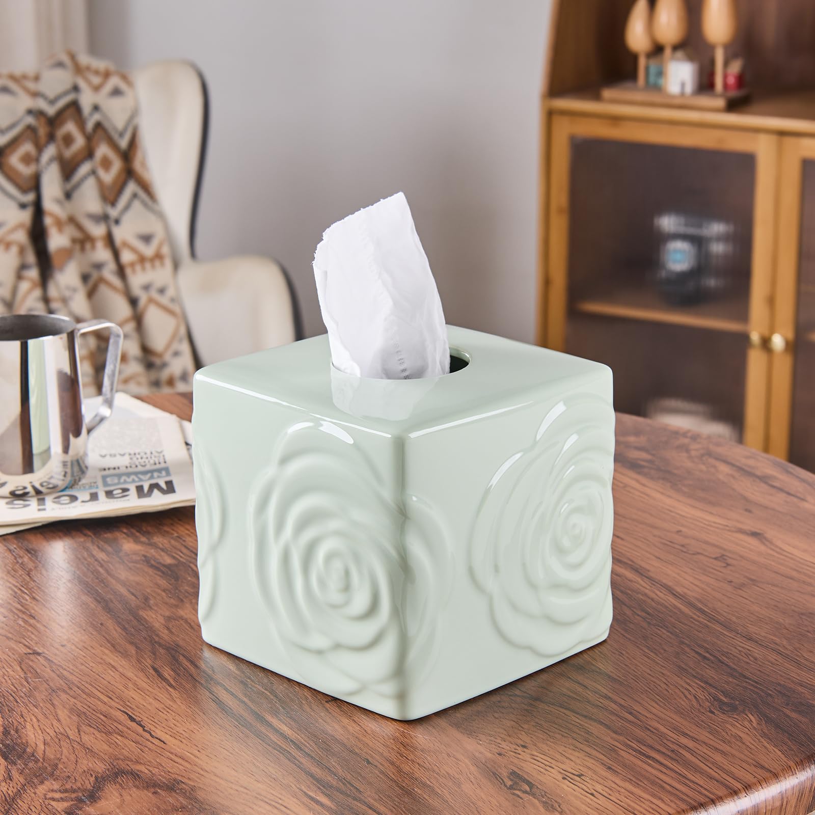 Housse de boîte à mouchoirs cubique en céramique vert clair avec rose – Grande boîte à mouchoirs carrée élégante pour salle de bain, chambre, bureau, comptoir de cuisine – Cadeau parfait pour