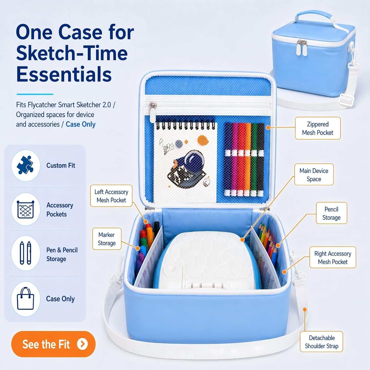 Drawing Projector for Kids Case, Compatible with Flycatcher Smart Sketcher 2.0, High-Density EPE Foam, Microfiber PU with Dry-Coated Finish, Pen & Accessory Pockets (Blue, Case Only)