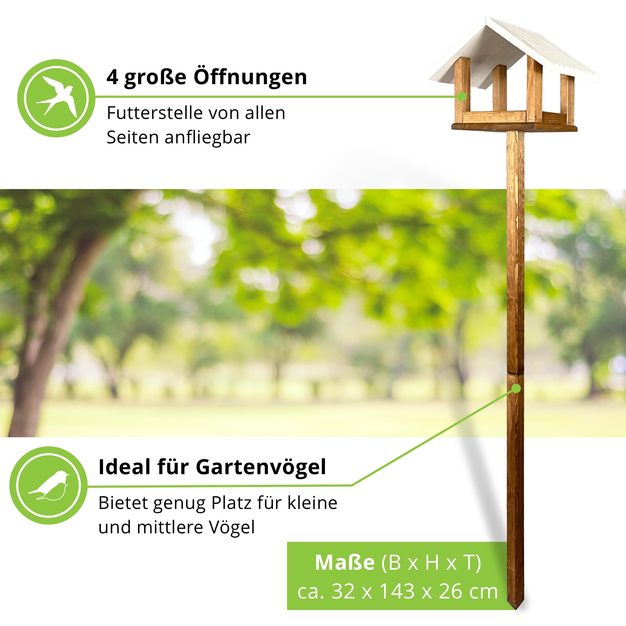 GARTENETAGE Vogelhaus mit Ständer wetterfest/massives Vogelhaus Holz mit Erdspieß/Vogelfutterhaus mit Ständer/Robustes Vogelhäuschen für Ihren Garten