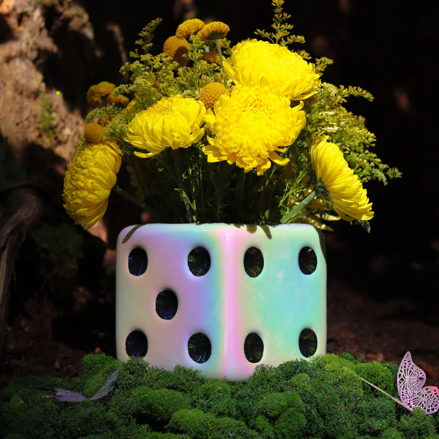 Iridescent White & Black Dice Vase, Maximalist Decor Large Ceramic Flower Vase for Desk, Shelf, Table, Bar Cart & Vanity - Unique, Funky, Trendy Design