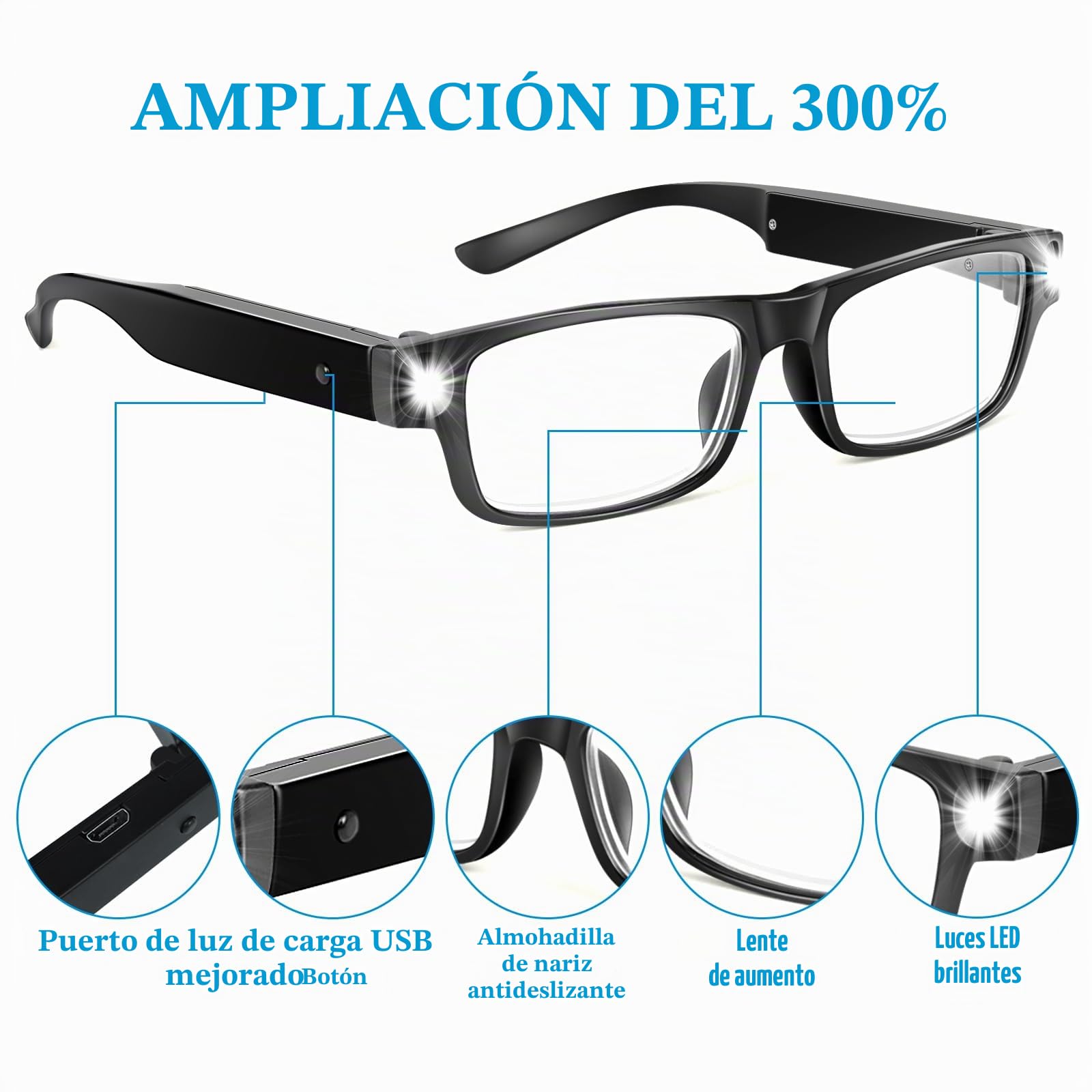 NZQXJXZ Gafas de Aumento con Luz LED Recargables por USB, 300% de Aumento, Gafas con Lupa de Cabeza Manos Libres para Trabajos de Cerca, Pasatiempos, Lectura y Manualidades