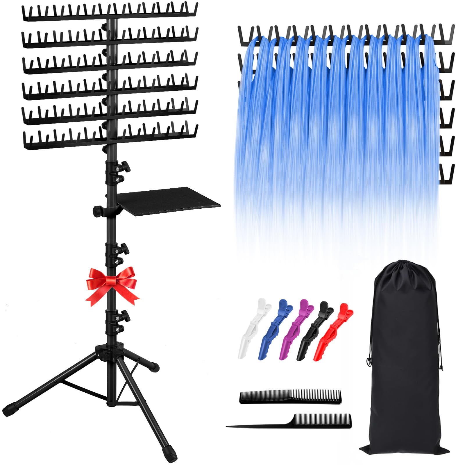 Klvied Braiding Hair Rack Standing 144 Pegs, Height Adjustable Hair rack, Heavy Duty Braid Racks with Tray and Carrying Bag, Black (48.2"-62.9")