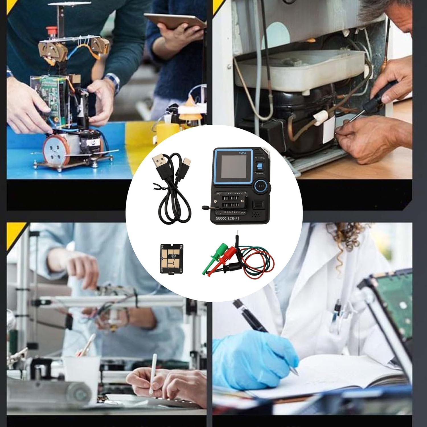 LCR-P1 Transistor Tester with 1.44" Screen, Diode Capacitance Resistance Meter NPN PNP MOSFET IGBT JFET, 300mAh Battery, Data Export via USB, Black