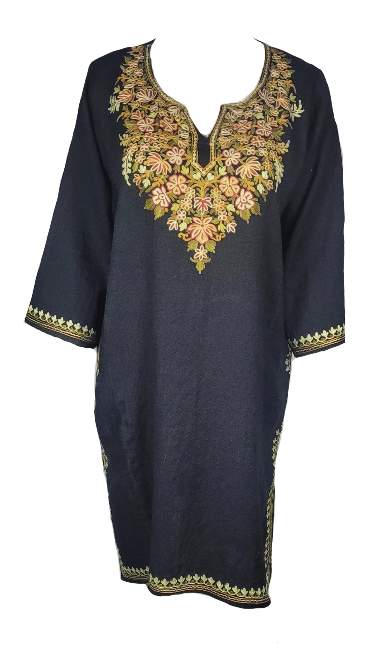 Pheran with hand aari work for women, kashmiri traditional hand Aari embroidered raffal pheran, hand made work on neck sleeves and borders for women-image-20