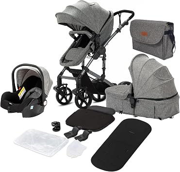 Magic ZC 3 in 1 Pushchair Pram Travel System, Baby Stroller 3 in 1 with Reversible Two Pushing Modes, Newborn Infant Carriage One-Click Folding, Toddler Buggy Aluminum Frame Grey 588
