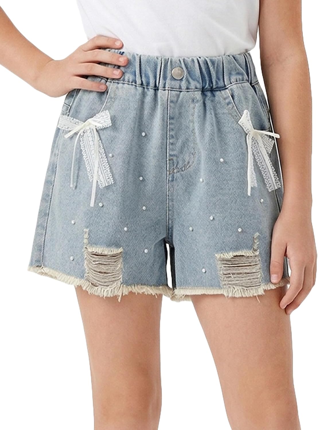 SEAUR Girls Straight Leg Bermuda Jean Shorts Girl Ripped Y2K Denim Shorts Kids Elastic Waist Baggy Short 5-13 Years