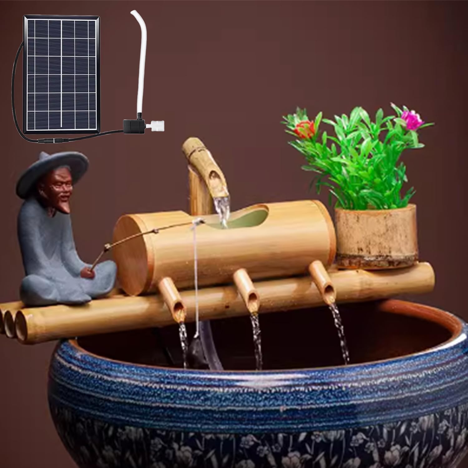 Fontana Ad Acqua in bambù da 45 Cm Ad Energia Solare per Giardino Esterno, Fontana Zen con 4 Uscite Dacqua, Perfetta per Patii E Laghetti - Tranquilla Fontana da Giardino