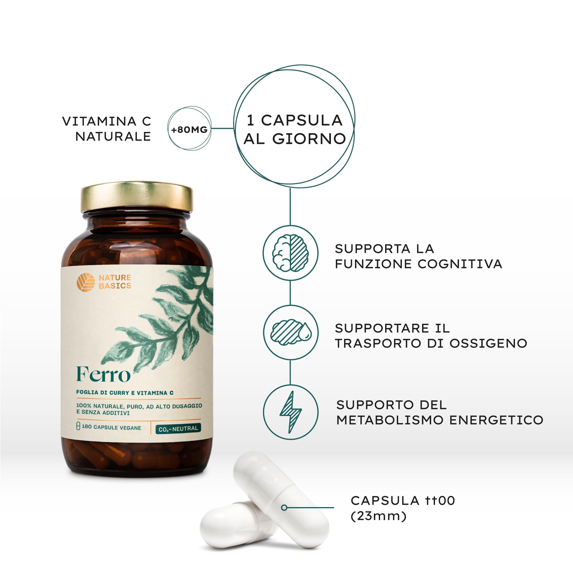 Nature Basics® ferro naturale certificato e sostenibile in un barattolo | 180 (!) capsule altamente dosate | 14mg di ferro e 80mg di vitamina C per capsula | puro da foglie di curry e rosa canina