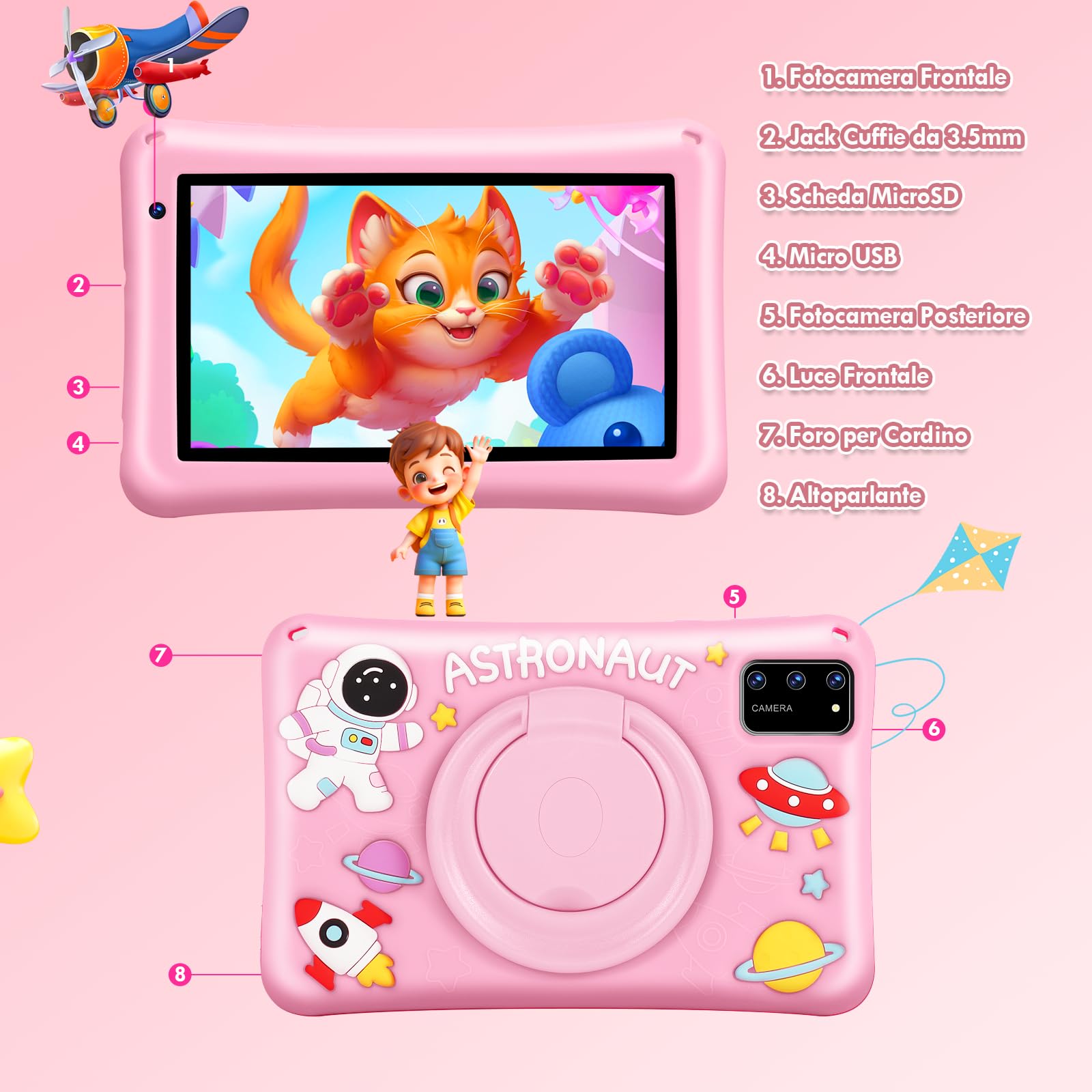 Tablet Bambini 7 Pollici Android 13 Octa Core 8GB RAM 64GB ROM Espandibile 256GB Schermo IPS Controllo Parentale Custodia Antiurto Rosa
