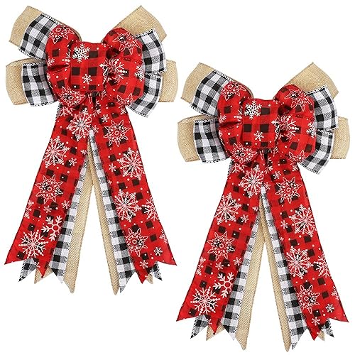 Kalekey Christmas Bows - 2 Pack Red White Plaid Burlap
