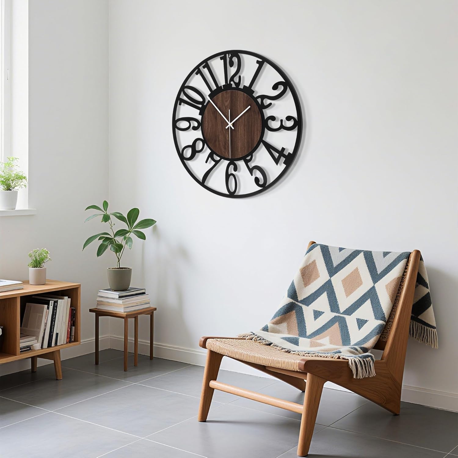 20'' Silent Wall Clock with Adjustable Night Light, Glow in The Dark Decorative Wall Clock Battery Operated, Rustic Modern Metal & Wood Clocks for Living Room Decor, Arabic Numerals