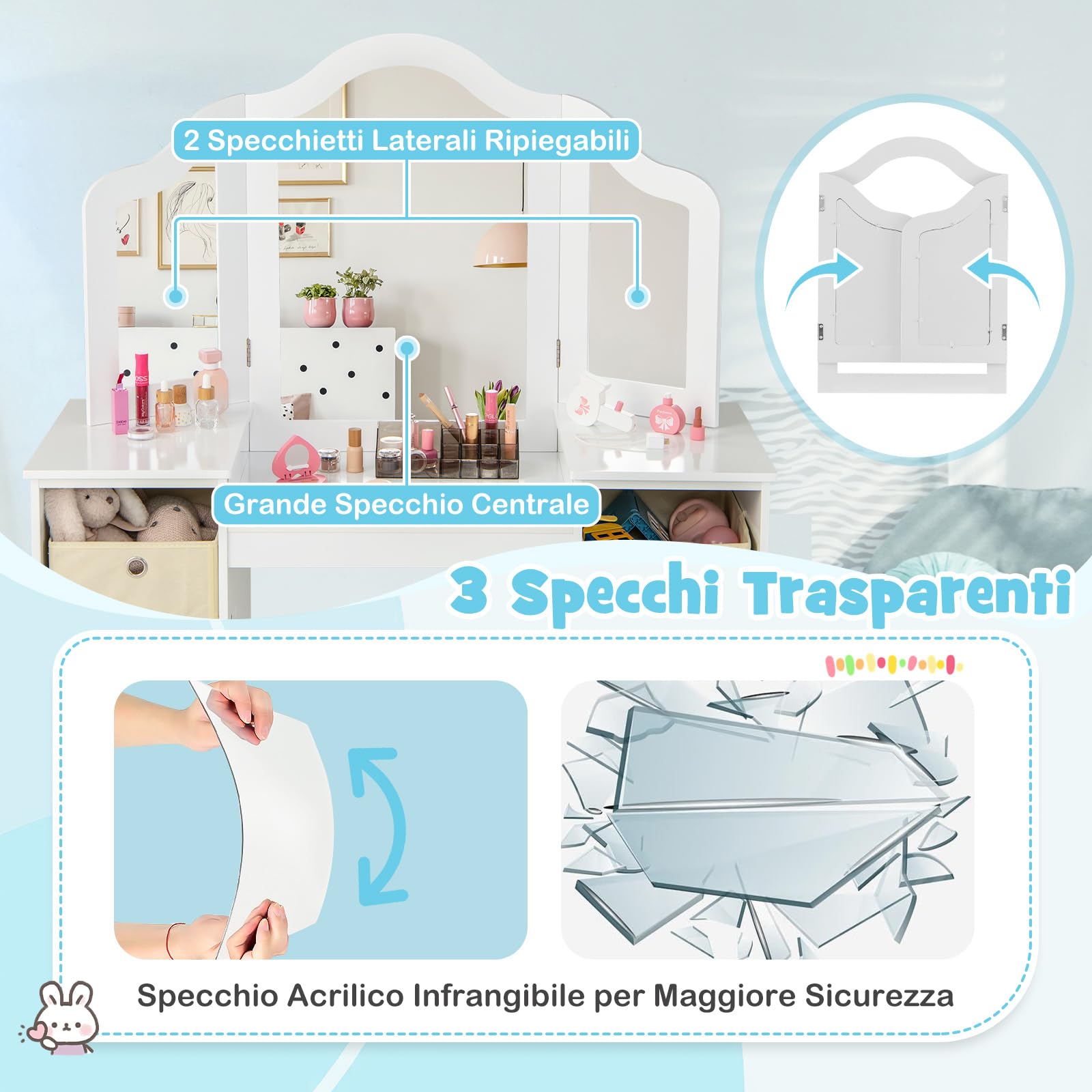 COSTWAY Toeletta Trucco 2 in 1 per Bambina, Specchiera Staccabile per Ragazza in Legno Robusto con 4 Cassetti in Tessuto, Sgabello e Specchio, Postazione Trucco per 3 Anni, 104 x 40 x 117 cm (Bianco)