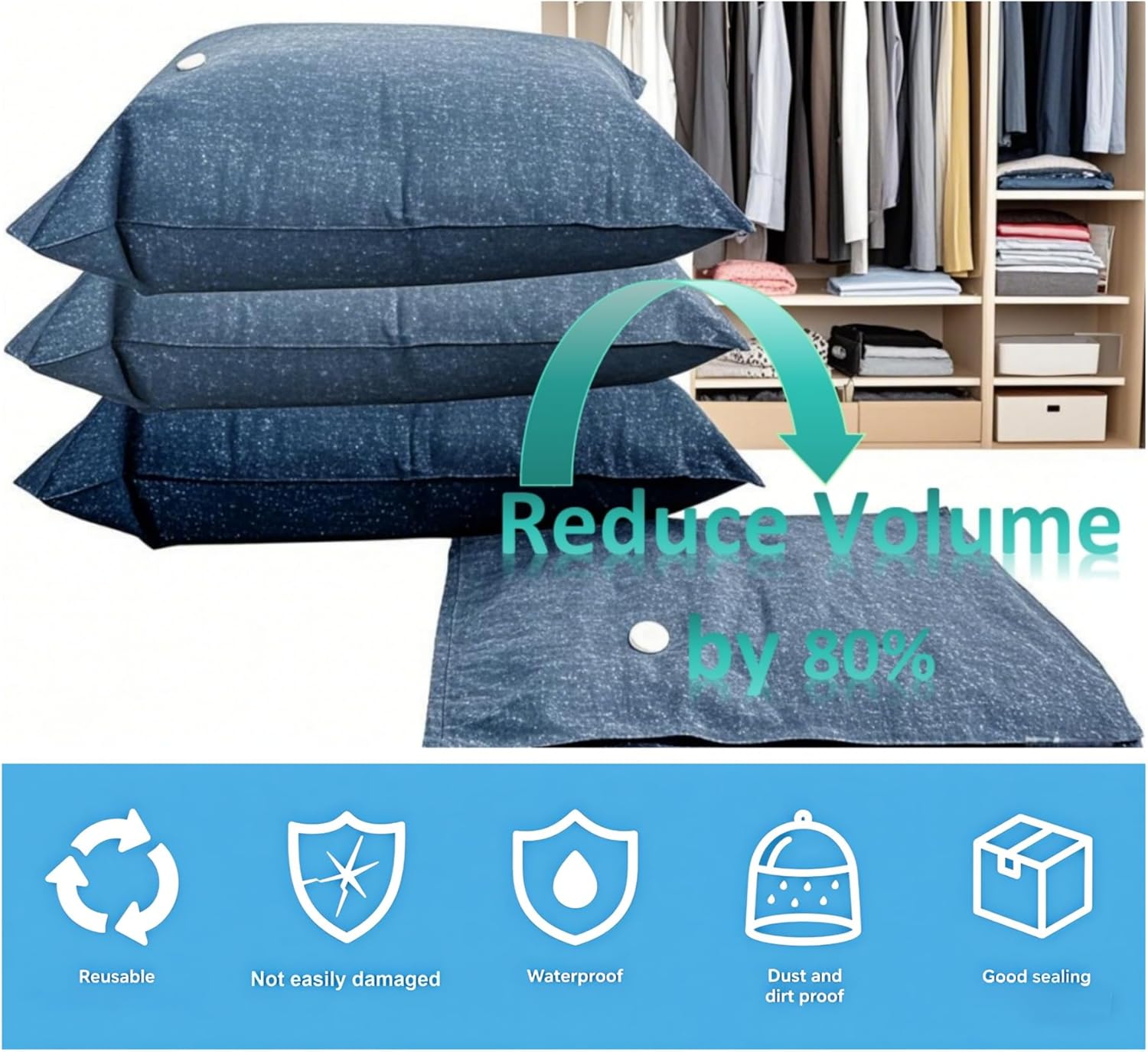 8 Pack Oxford Ripstop Tear-proof Vacuum Storage Bags with Hand Pump Included, 2 Small(for Luggage)+2 Medium+2 Large+2 Jumbo Sizes, Reusable Vacuum Seal Bags for Home Storage, Travel