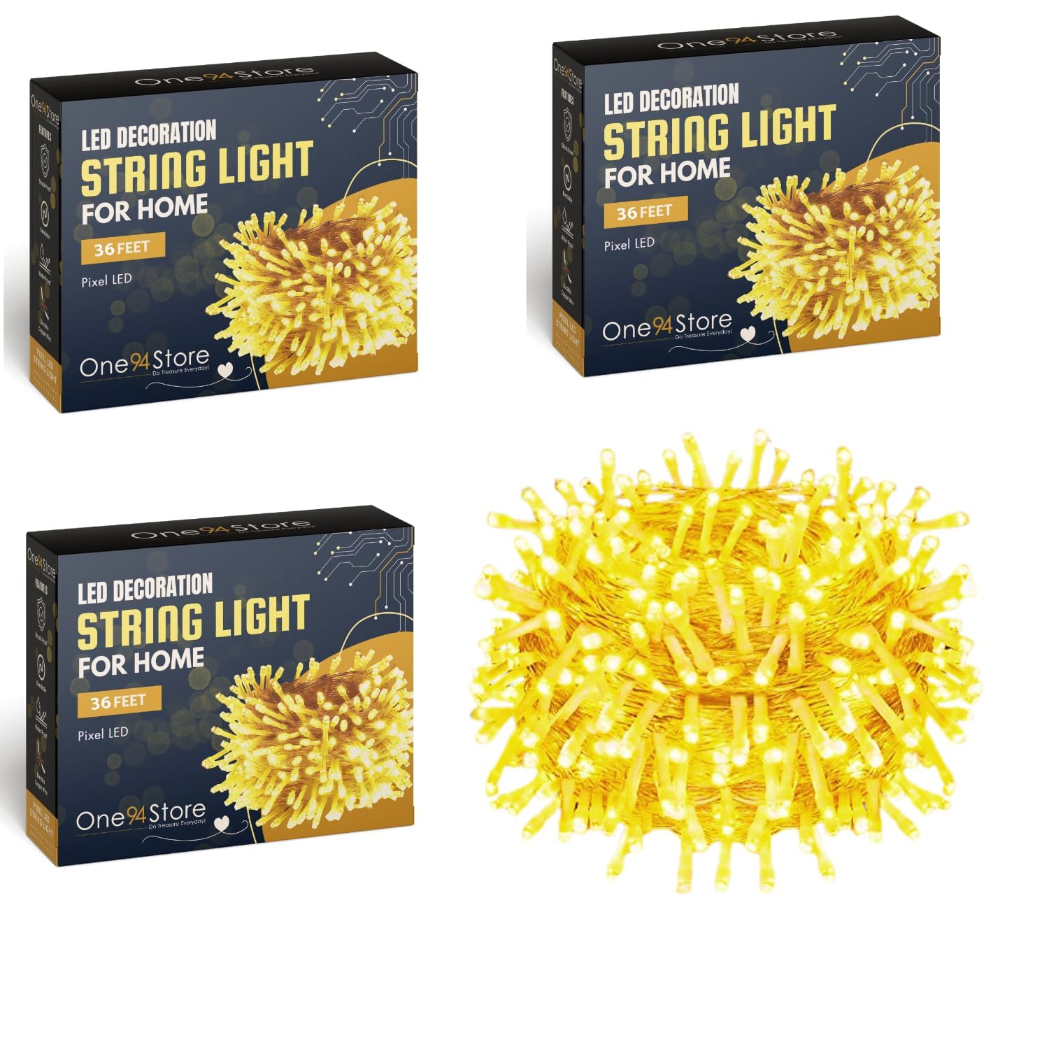 One94Store LED Pixel String Light Pack of 3 – 36 Ft Copper Wire Fairy Lights, Bright Warm White Lights for Diwali Decoration, Home Décor, Pooja, Festival, Christmas, Wedding & Party