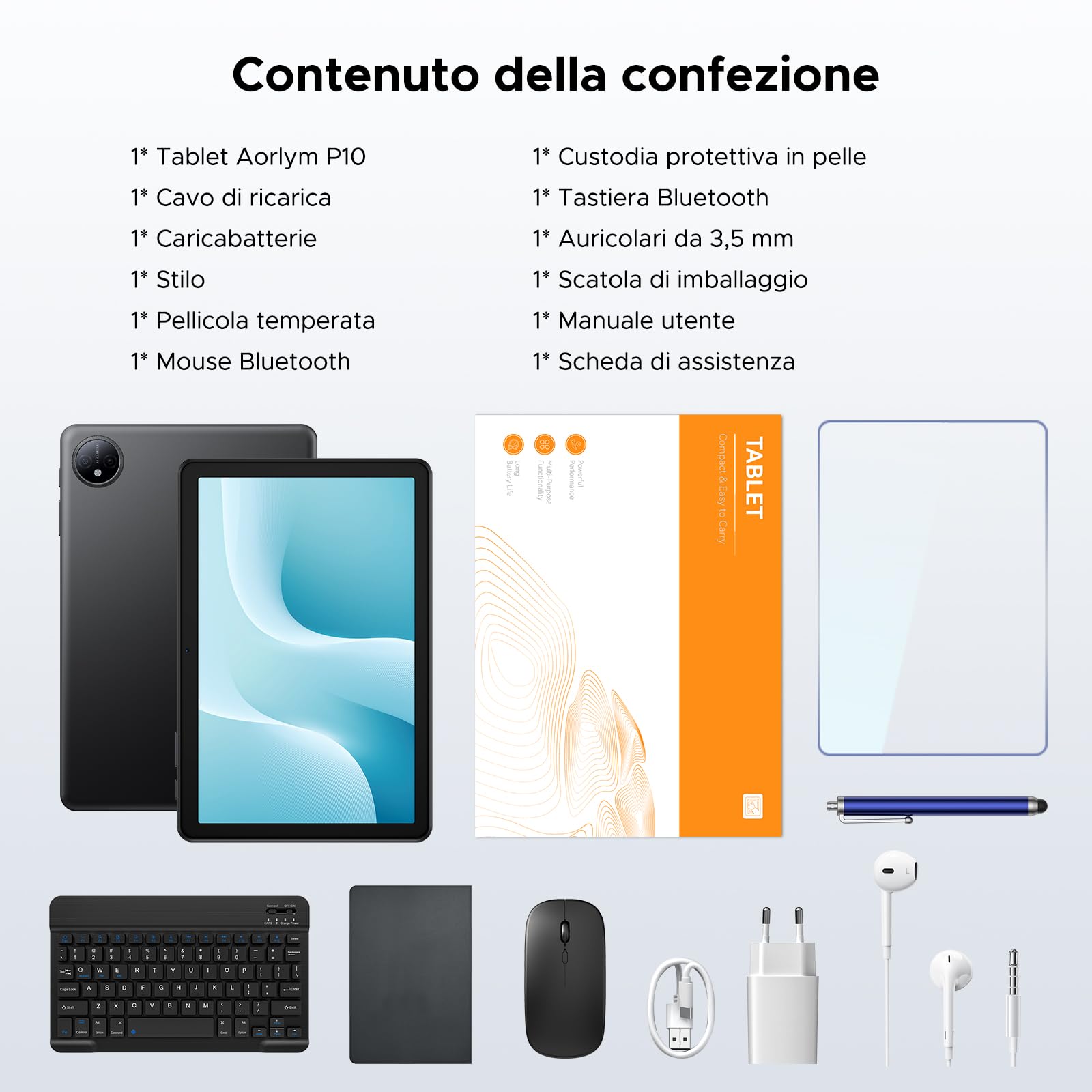 P10 Android 16 Tablet 10 Pollici, 48GB RAM+128GB ROM/2TB TF, Gemini AI, 90Hz, 7000mAh, WiFi 5, Face ID, OTG, Jack 3,5 mm, Widevine L1, Tablet con Tastiera e Penna, Nero