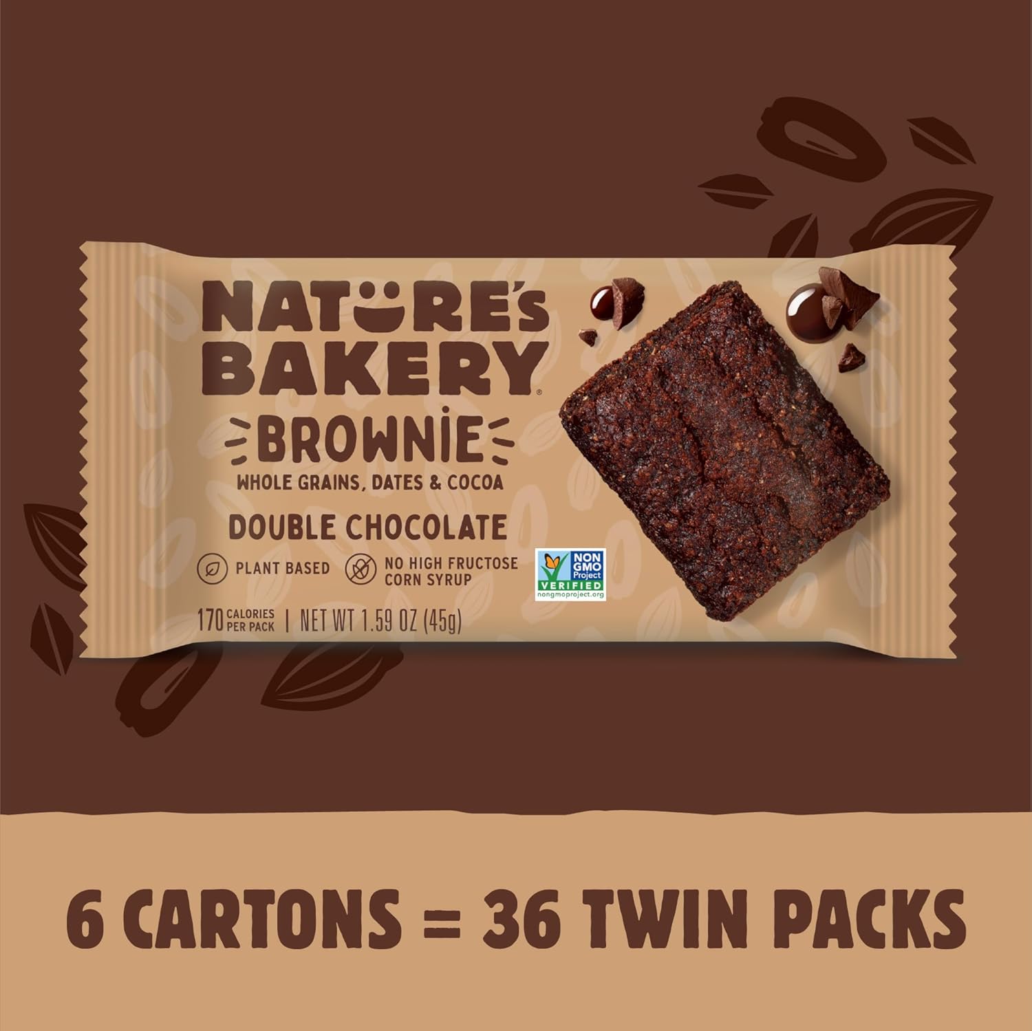 Nature’s Bakery Double Chocolate Brownie Bars, Whole Grains, Dates, and Cocoa, Plant Based, Dairy-Free, Snack Bar, 6 Count (Pack of 6)