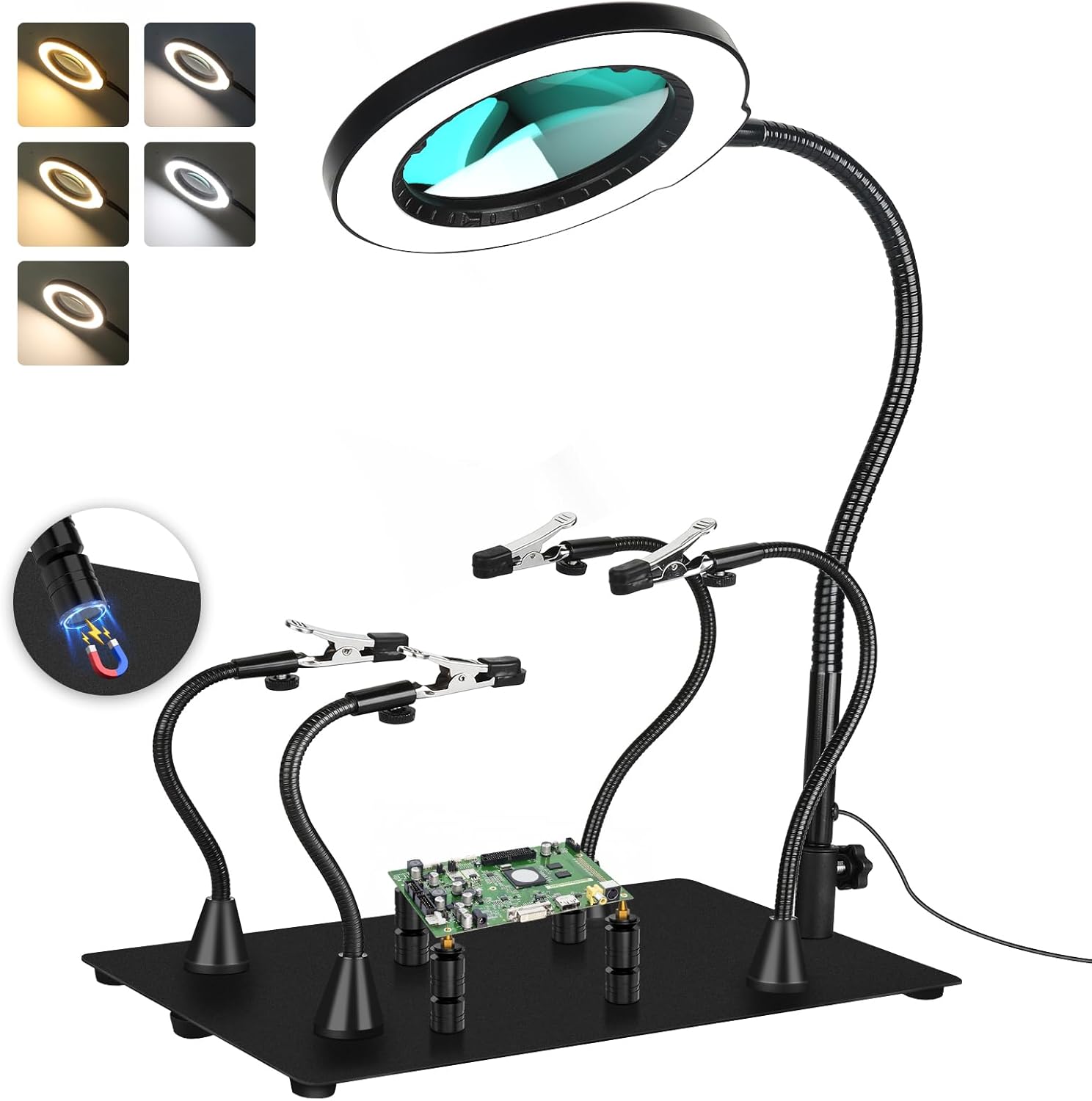 Drdefi Magnetic Helping Hands Soldering Station 10X Magnifying Lamp Large Base Third Hand Jewelry Tool Hands Free Magnifier Weighted Base with 4 Magnetic Pillar Crafts Making Electronic Hobby