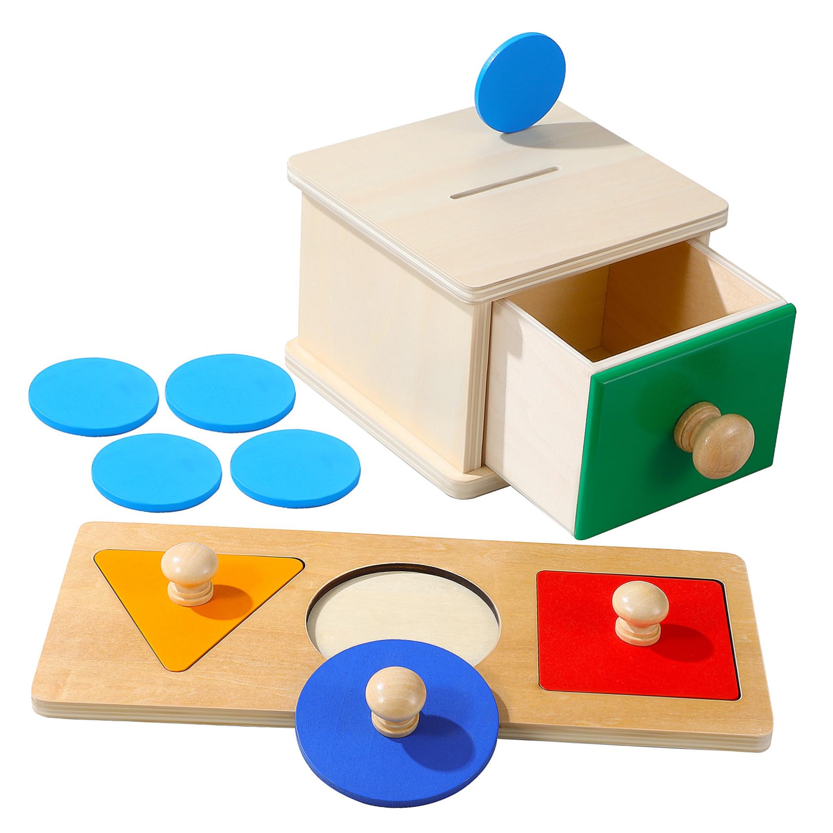 Gatuida 2juego Panel de Caja de Monedas Cuadrado de Rompecabezas Geométricos con Caja de Madera Juguetes Educativos de Bloques de Madera para Bebés y Primera Infancia