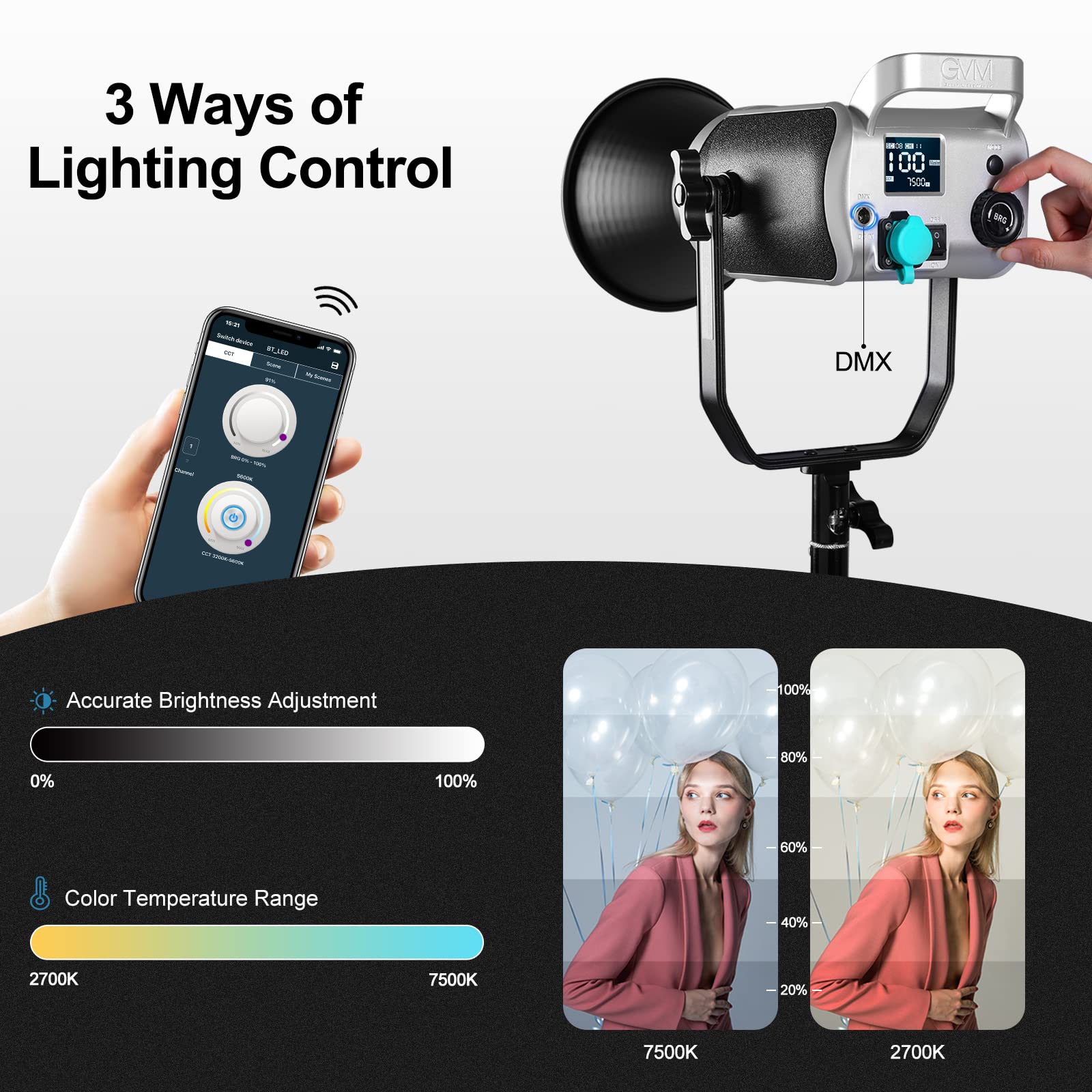 GVM 300 W Kit di illuminazione video LED COB con scatola luminosa Lanterna da 26 pollici, illuminazione fotografica 2700~7500 K CRI97 +luci da studio per la registrazione video di film fotografici