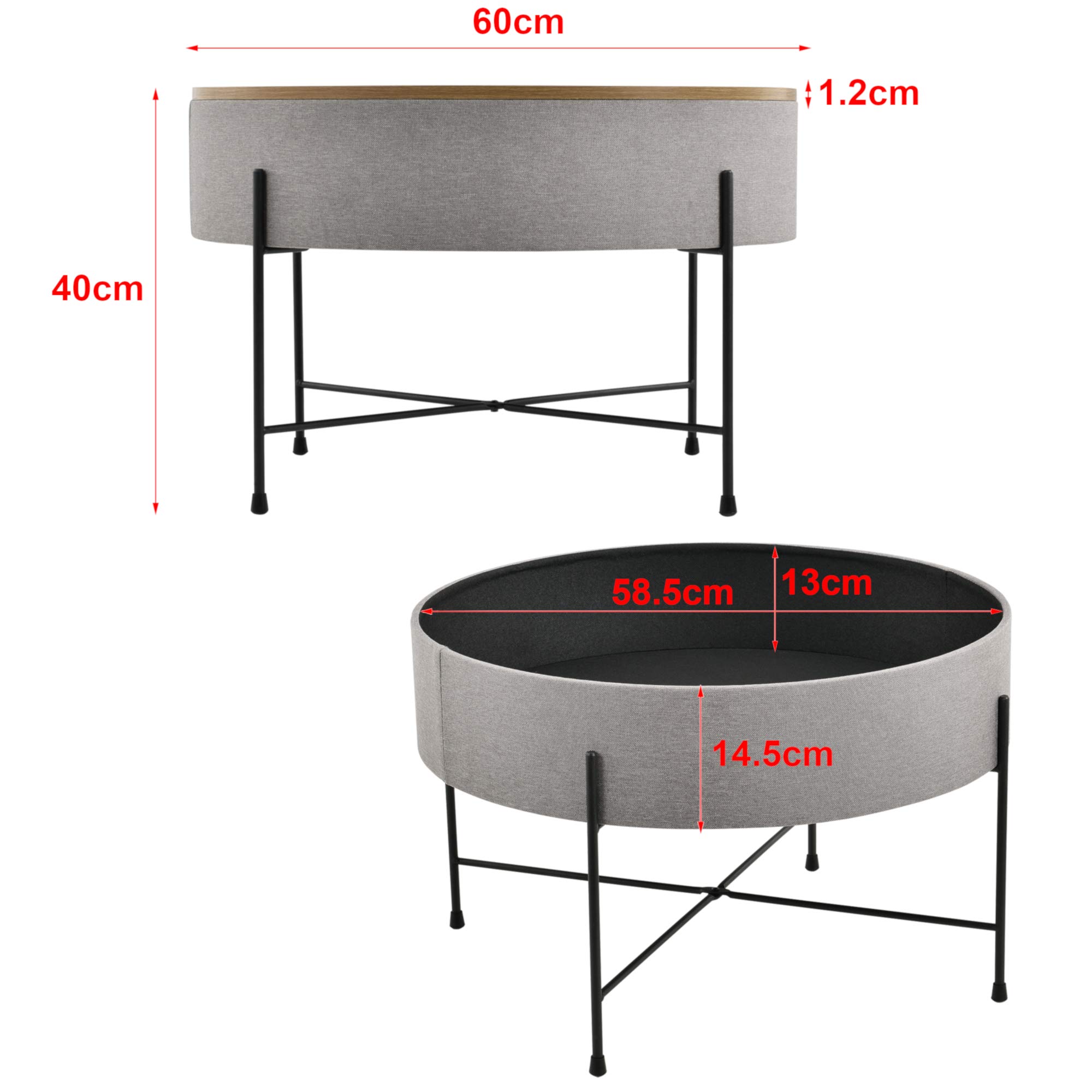 [en.casa] Mesa de Centro con Tablero extraíble 40 x 60 cm Mesa Auxiliar Redonda con Almacenamiento Interno Mesa pequeña Mesa de café y té Gris y Negro