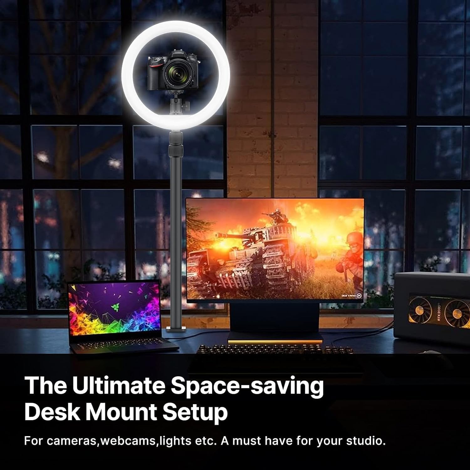 A desk setup featuring the VIJIM desk mount stand holding a ring light and camera, illustrating a space-saving solution for content creators.
