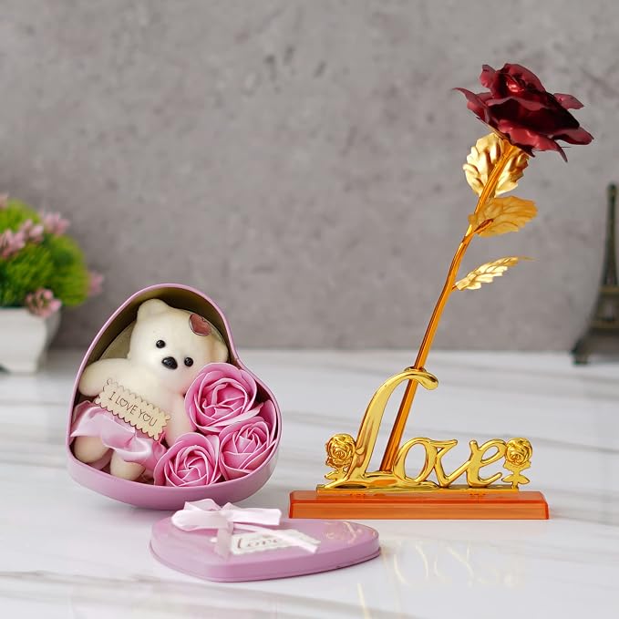eCraftIndia Valentine Gift for Girlfriend Boyfriend| Love Golden Red Rose Showpiece, Teddy Pink Roses Heart Shaped Gift Box| Valentine Day Gift for Husband Wife Her Him| Valentine Day Decoration Items