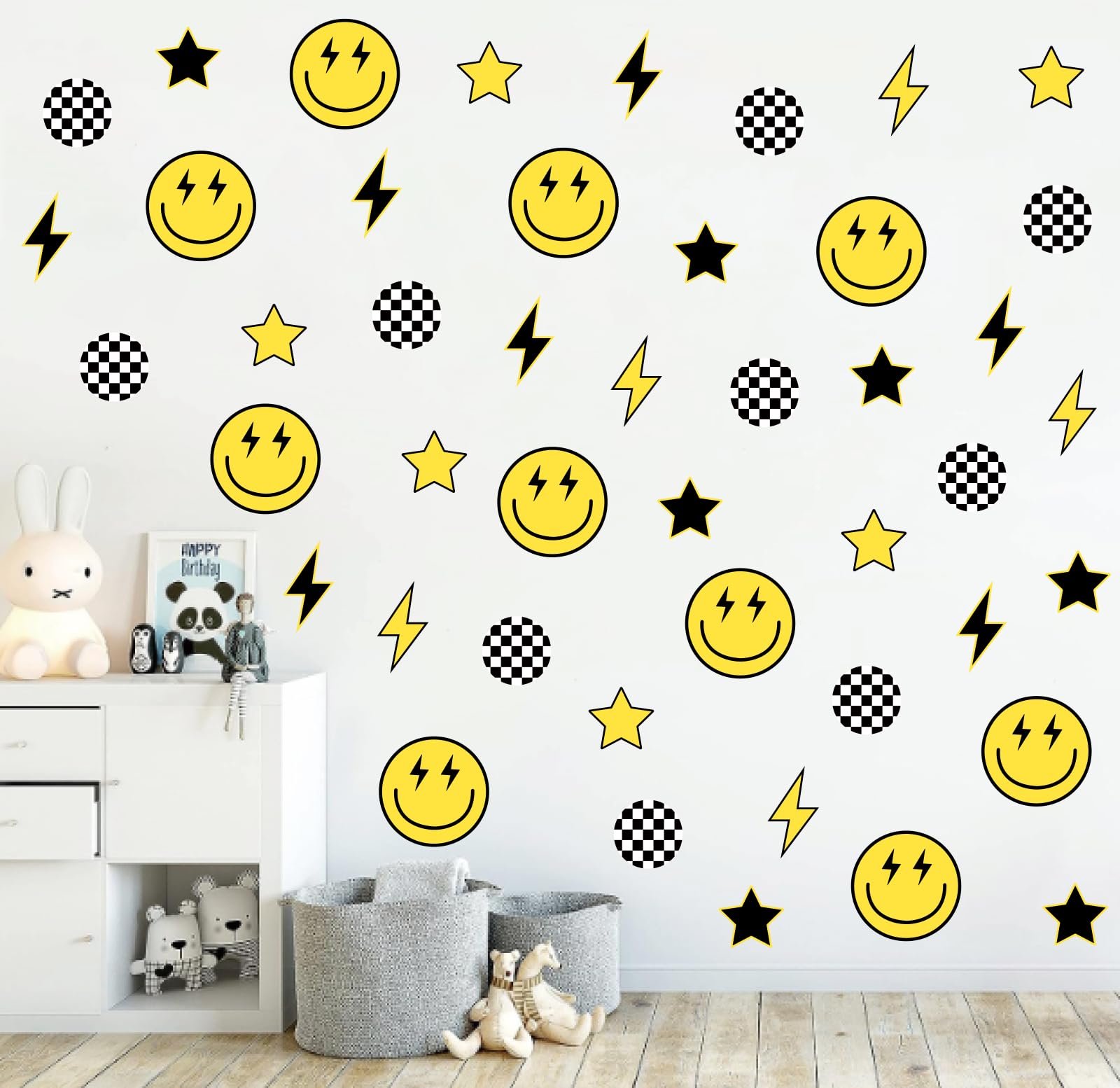 Stickers muraux One Happy Dude jaune et noir style damier étoile