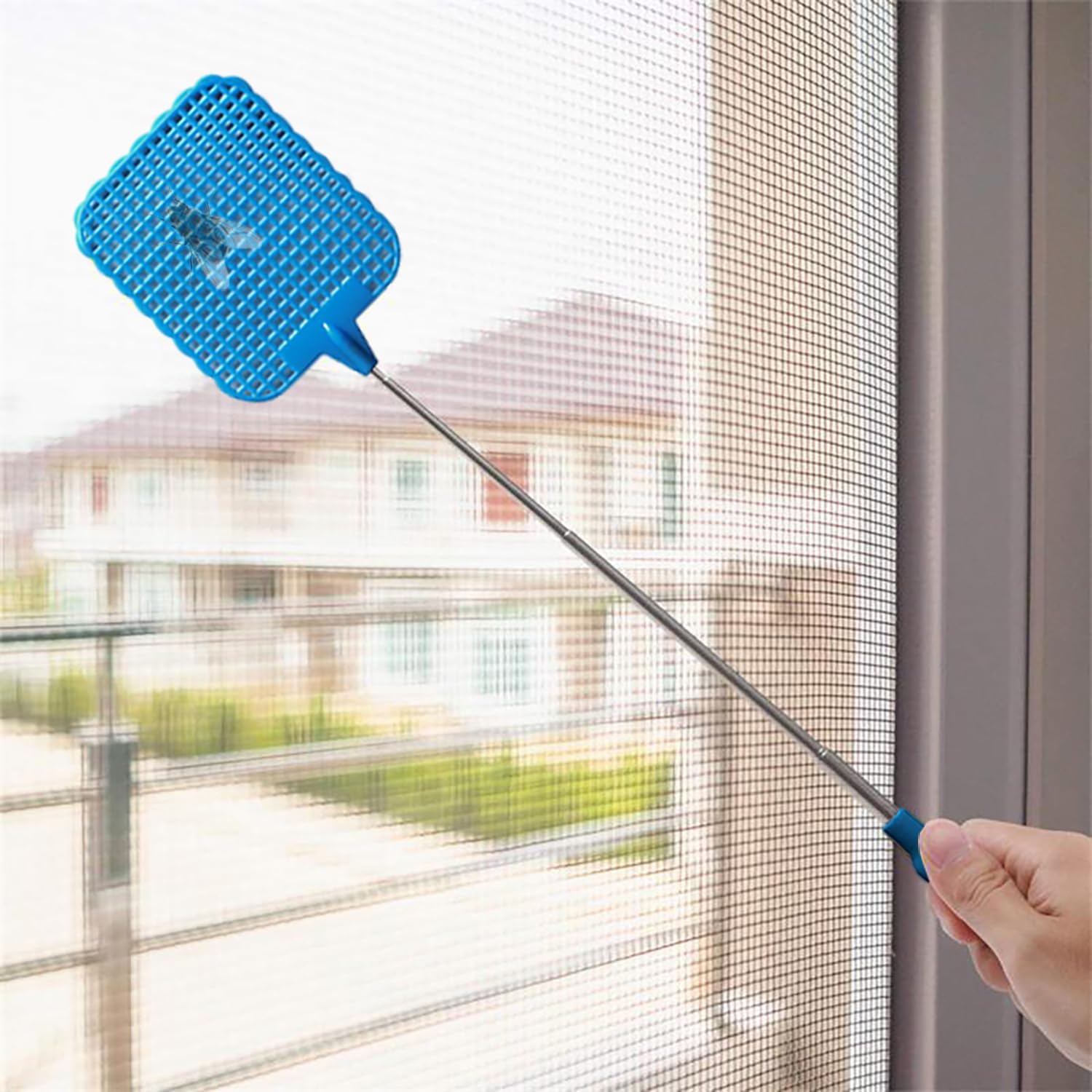 Scacciamosche, 2 pezzi Estensibile Scacciamosche, Scacciamosche Manuale,Portatile Scacciamosche Plastica, per Mosche, Zanzare e Insetti-Blu/Verde