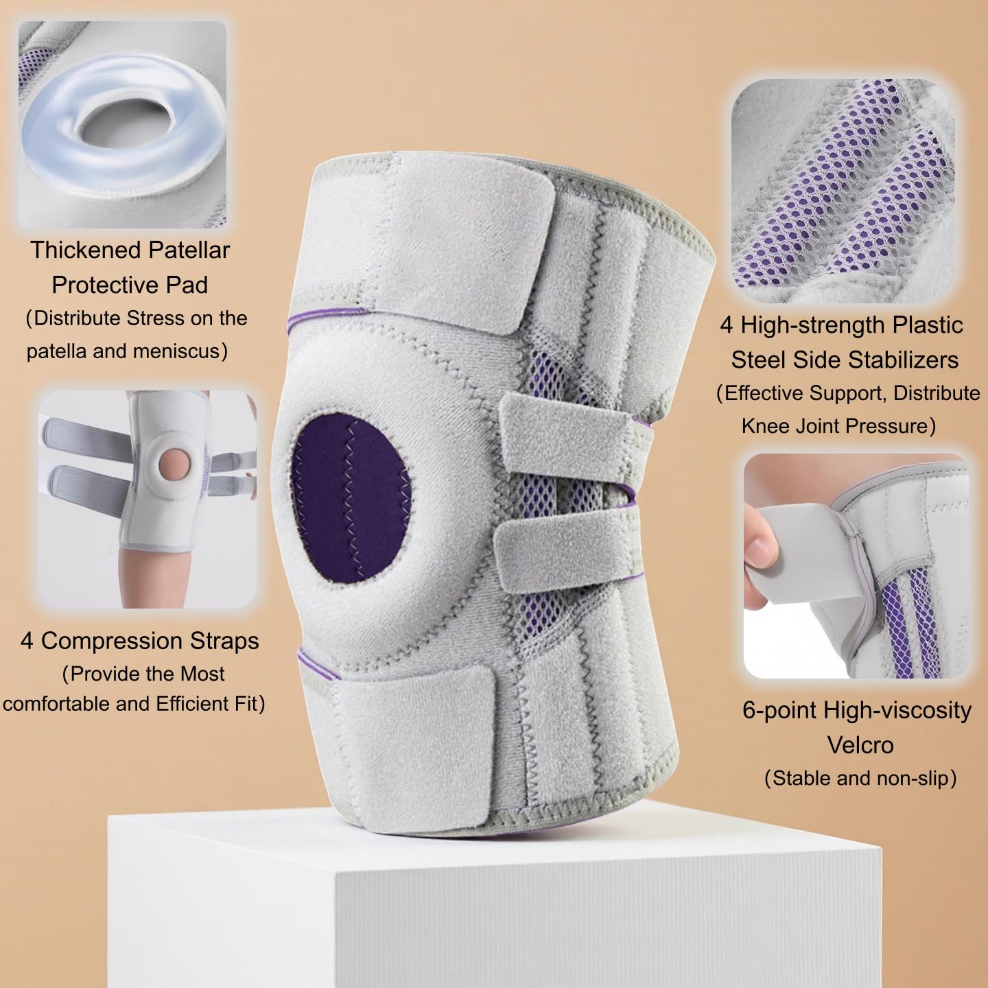 Knee Brace with Side Stabilizers & upgraded Patella Gel Pads-Adjustable Compression Support for Knee Pain Relief and Injury Recovery-Maximum Support for Running&Sports,suitable for Women&Men（Black）