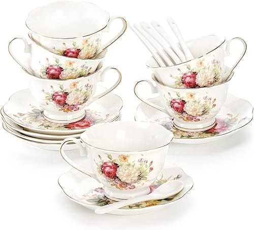 Foraineam Juego de 6 tazas de té y platillos florales con borde dorado, tazas de café de porcelana marfil de 6 onzas con platillos y cucharas, tazas