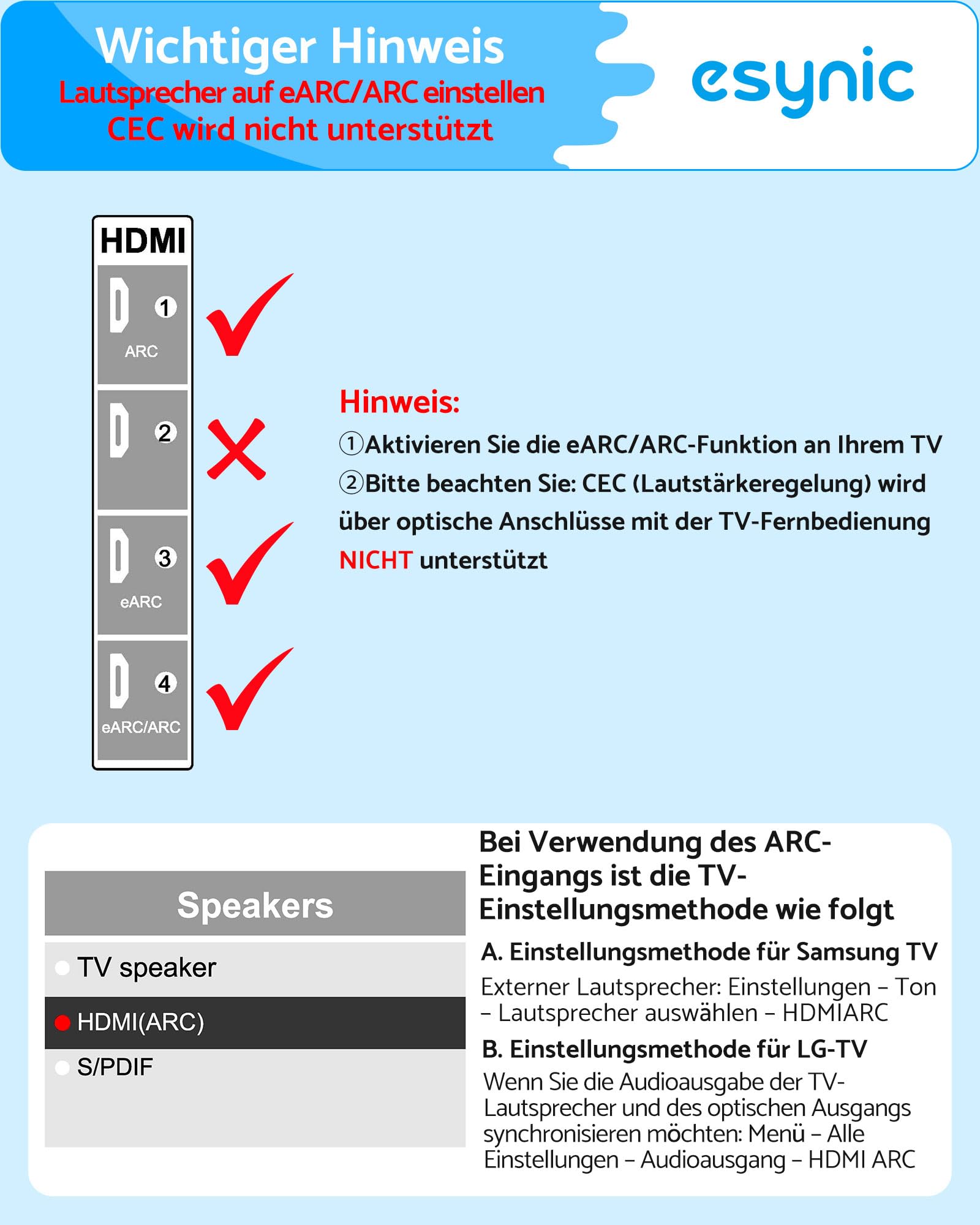 eSynic HDMI-auf-optischer Audio-Extraktor mit HDMI- und SPDIF-Kabel, unterstützt Audioformat 5.1 und 2.0 für HDTV auf Soundbar, kabellose Kopfhörer