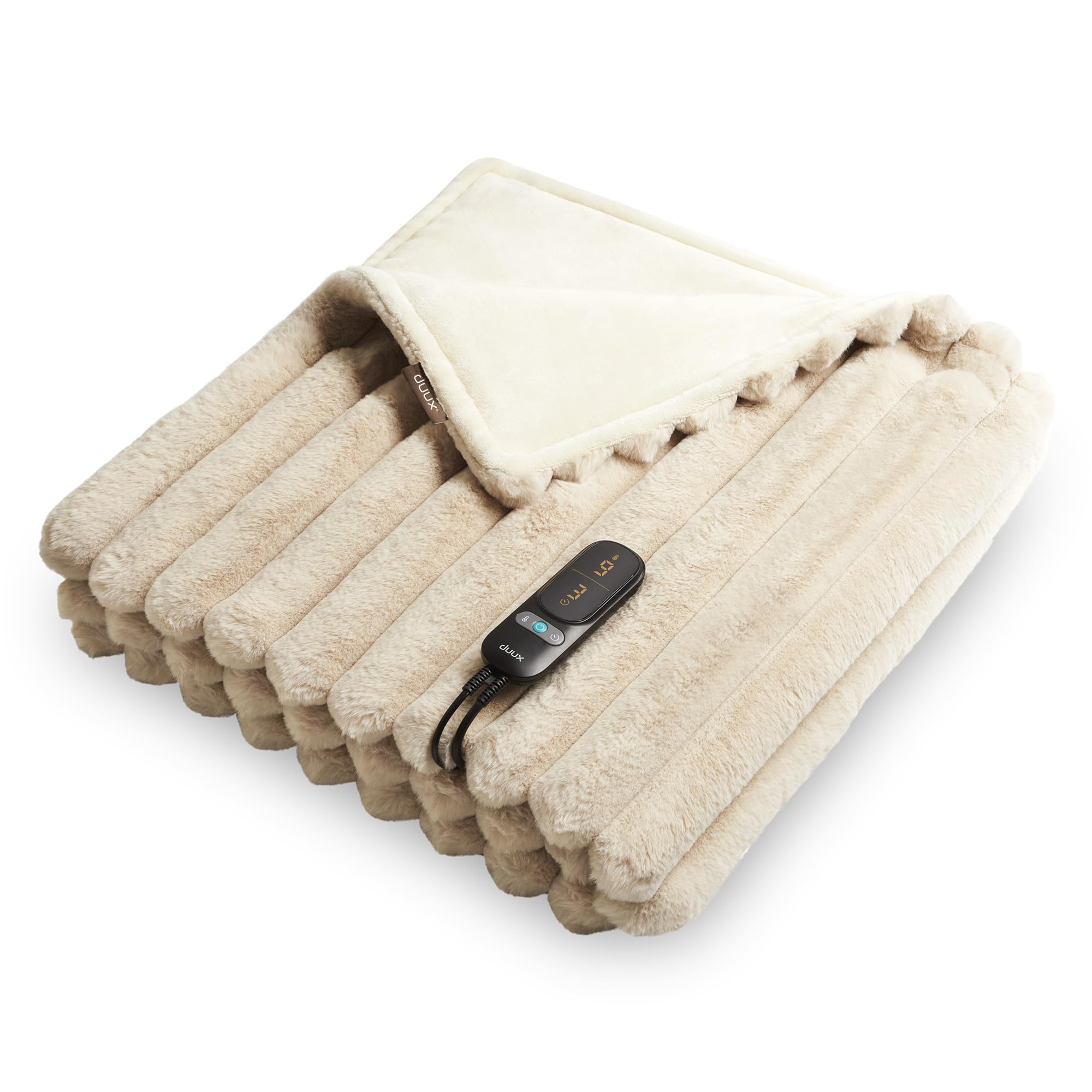 Duux Yentl Couverture chauffante, électrique, à rayures, 200 x 200 cm, extra douce, 9 niveaux de chauffage et minuterie, lavable, protection contre la surchauffe, économe en énergie, beige