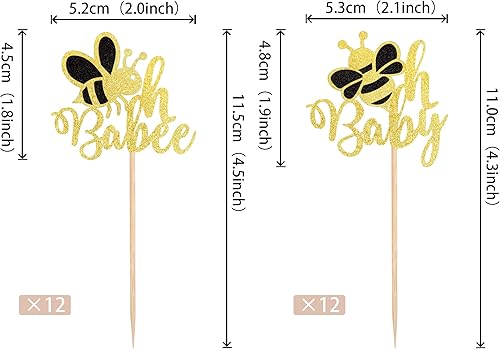 Miniatura 2 de 24 piezas de decoración de cupcakes Bee Oh Baby con purpurina dorada Bumble Bee Oh Babee para cupcakes con temática de abejorros para baby shower de