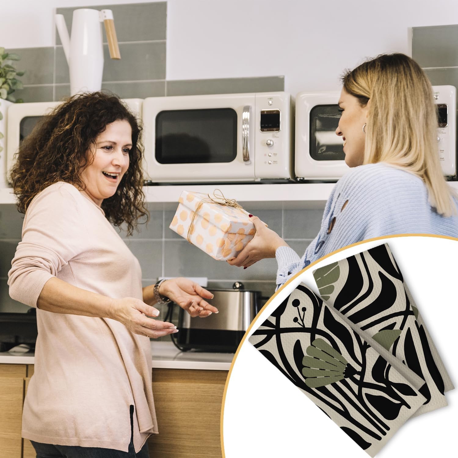 Abstract Dark sage Green and Black Boho Floral Kitchen Towels Set of 2, 70s Retro Groovy Botanical Dish Tea Towels for Kitchen Bathroom Decor, Mid Century Modern Hand Towels, 16x24 Inch - Image 5