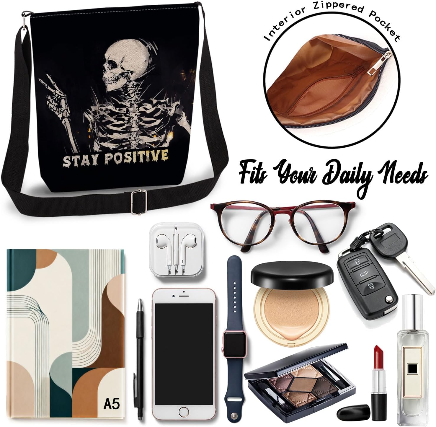 Positive Skull Print Canvas Crossbody Bag, Adjustable Strap Lightweight Purse with Top Zipper & Inner Pocket, Daily Shoulder Bag Gift for Women - Image 6