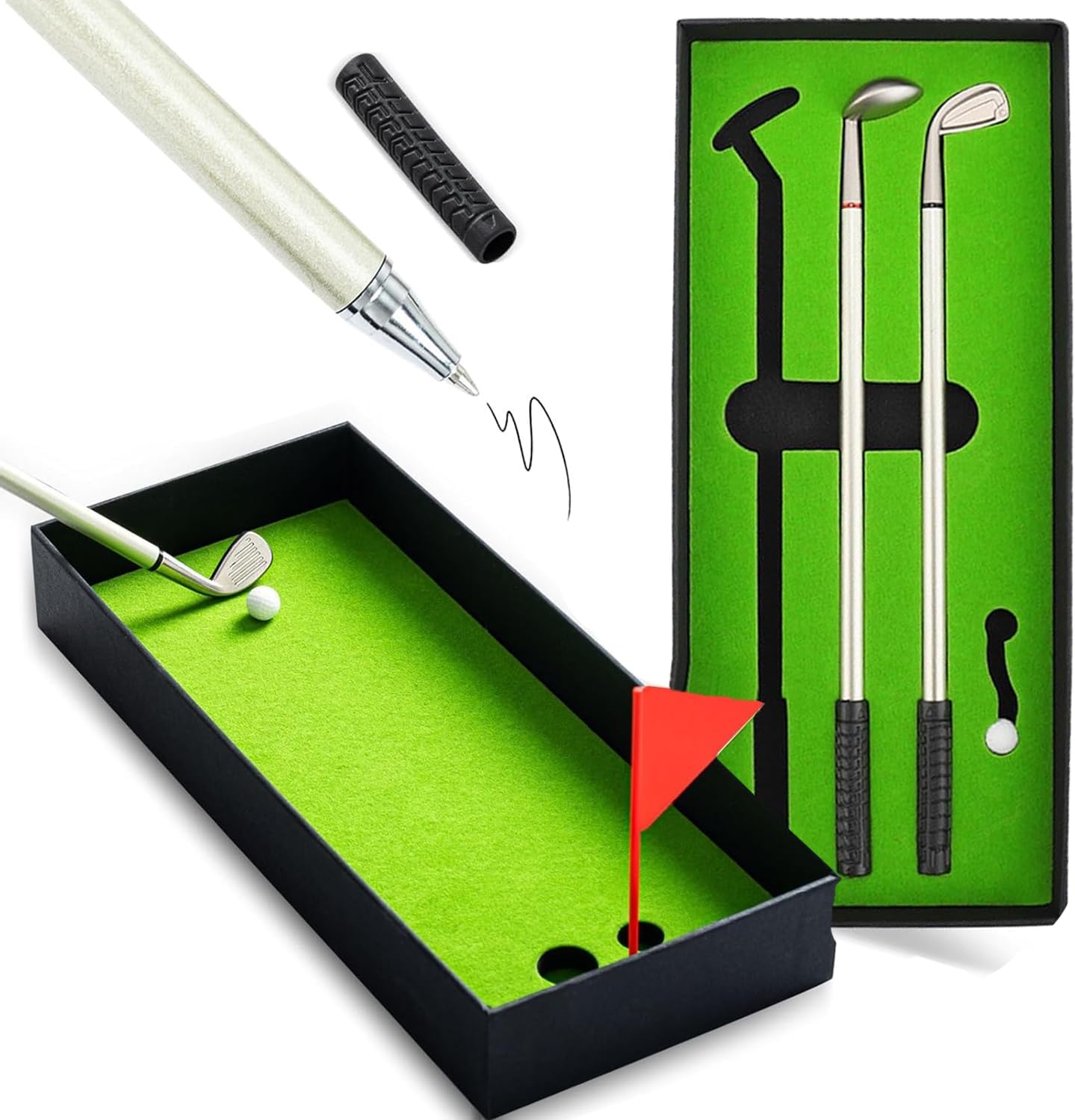 AMERTEER Golf Pen Set | Fun Mini Desk Toy with 3 Pens (Blue, Red, Black) & 2 Balls | Perfect Office Gift for Golf Lovers, Boss & Coworkers | Cool Desk Accessories & Executive Gift Set