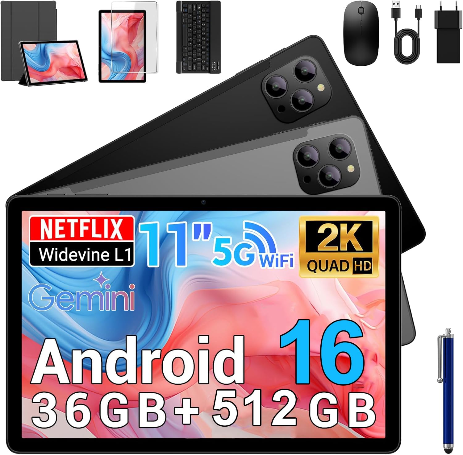 Tablet Android 16-11 Pollici Tablet in Offerta con Octa Core T615,36GB RAM + 512GB ROM (2TB TF), 5G WiFi,Gemini AI,Widevine L1,8000mAh,18W,Foto AI 16MP+8MP, TÜV, GPS,con Tastiera+Mouse,Grigio