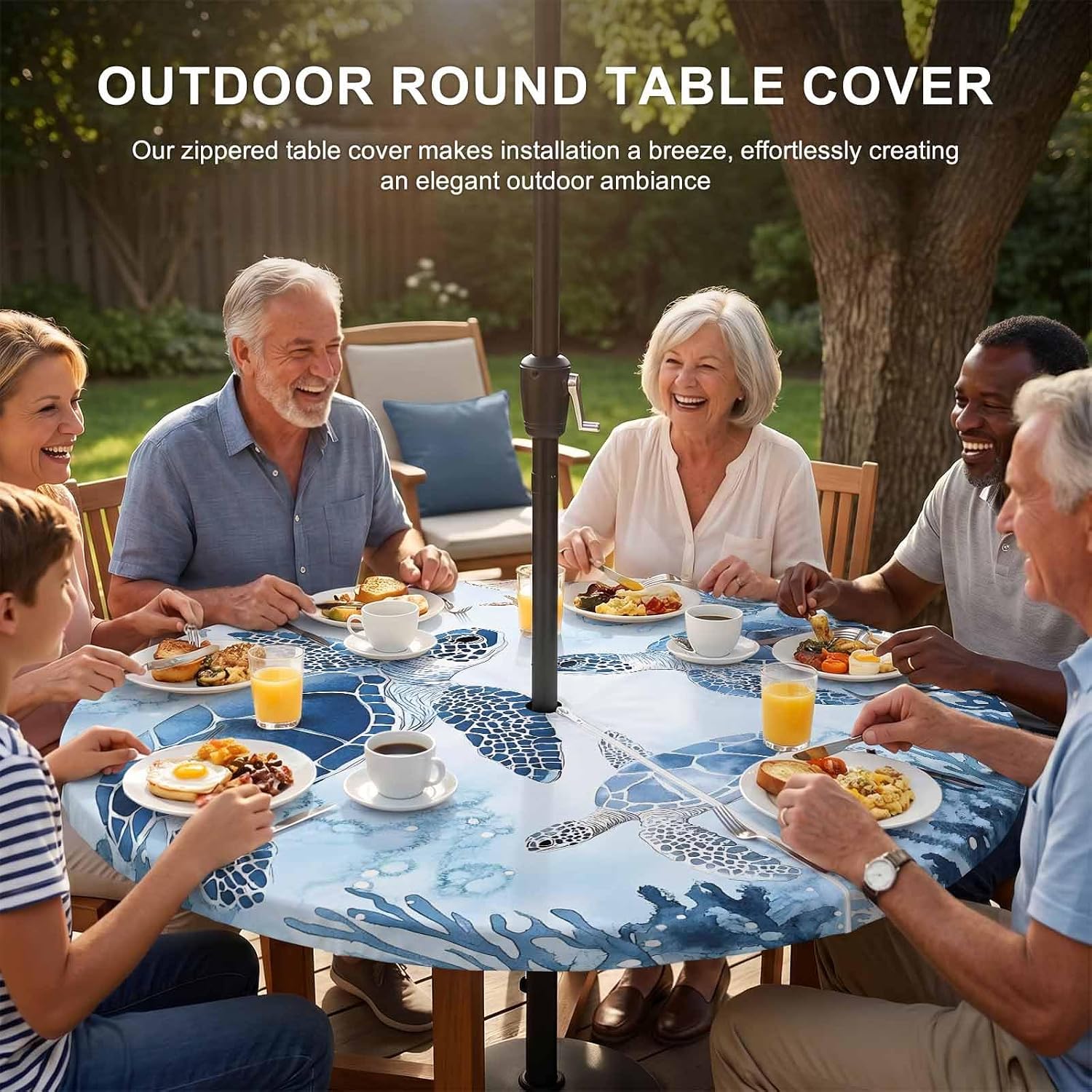 Blue Beach Coastal Waterproof Outdoor Tablecloth with Umbrella Hole and Zipper, Round Fitted Table Covers with Elastic, Coral Nautical Sea Turtle Patio Table Cloth for Party Picnic Fits 45"-54" Tables image 5