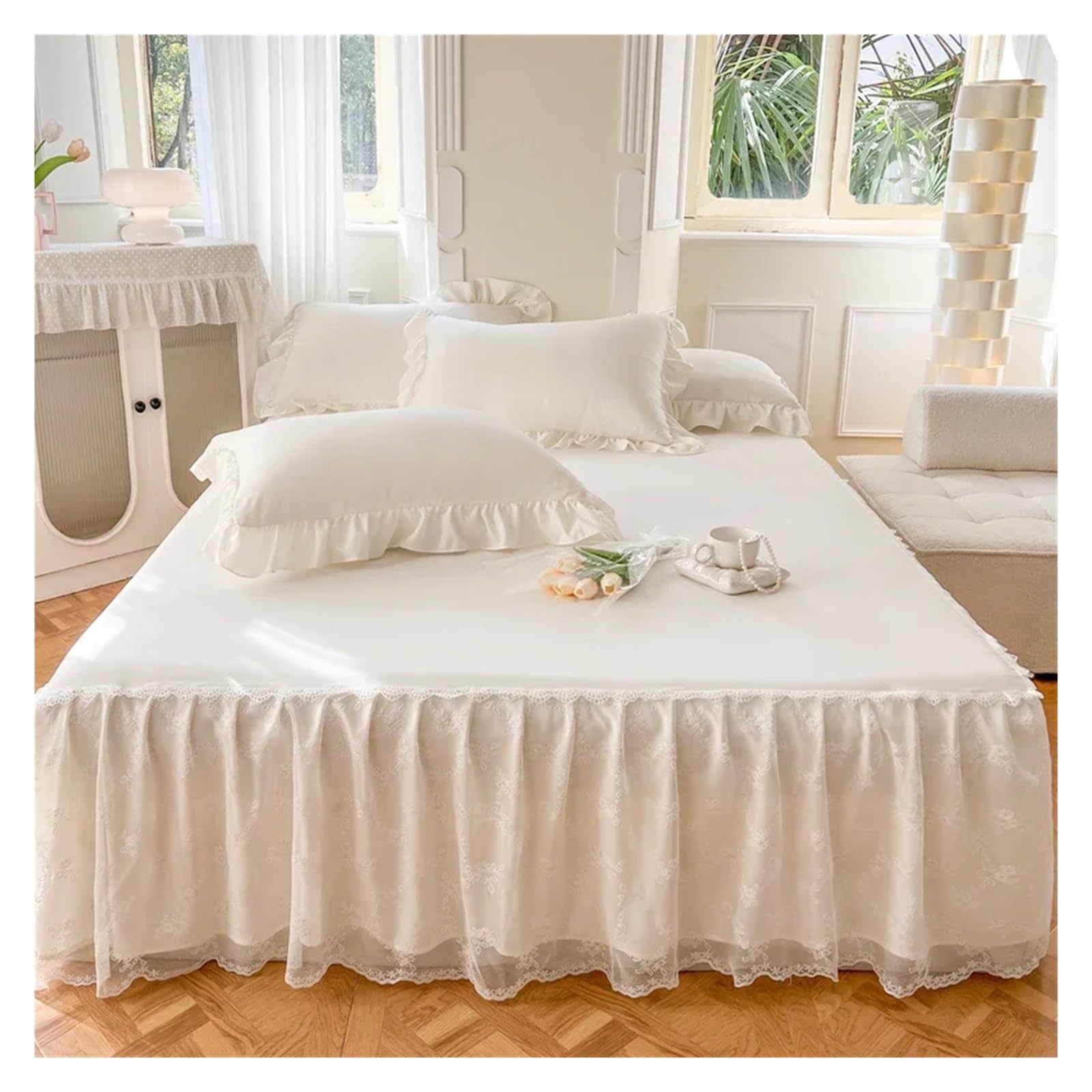 Solid Color Bed Skirt & Pillowcase Washed Cotton Wrap Around Bedskirt With Embroidered Lace White Pleated Ruffle Bed Sheet(1,150x200cm 3pcs)