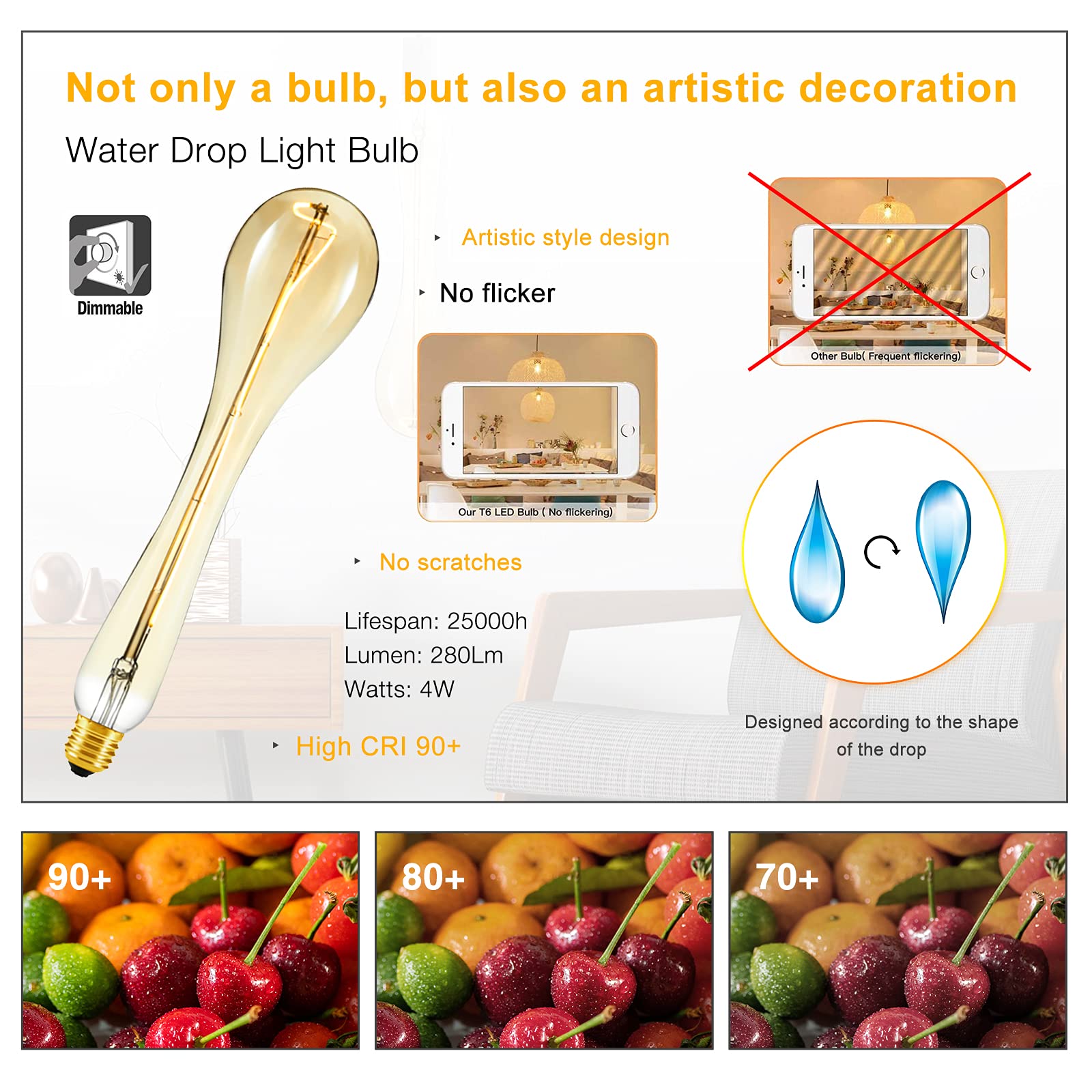 Beilf Decorative Oversized Edison Light Bulbs with E26 Base,13.2inch Length, Amber Glass, 4W Warm White 2200K, Dimmable, Large Led Filament Specialty Light Bulbs for Decorating Your Home