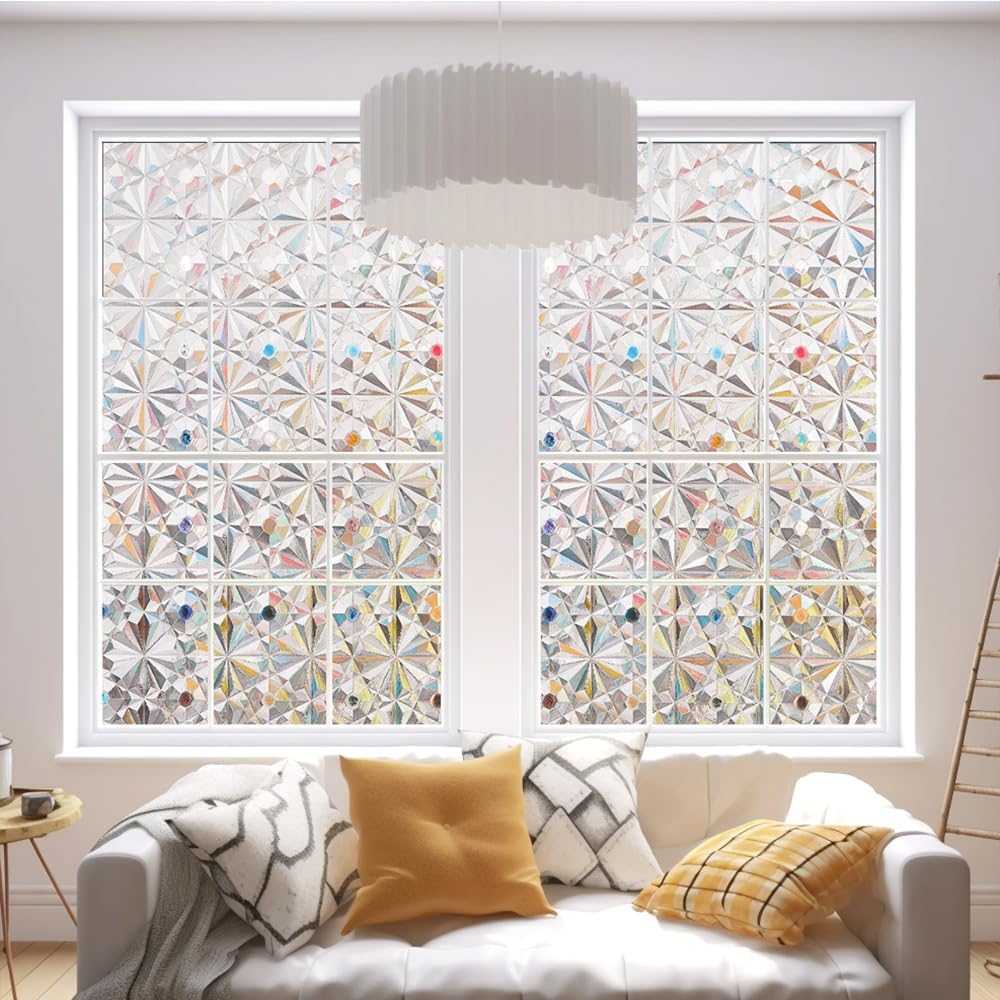 Rainbow Window Clings - 3D Decorative Window Vinyl Stickers, Static Cling, Non-Adhesive (23.6" X 157.4", Diamonds) 23.6" X 157.4" Diamonds