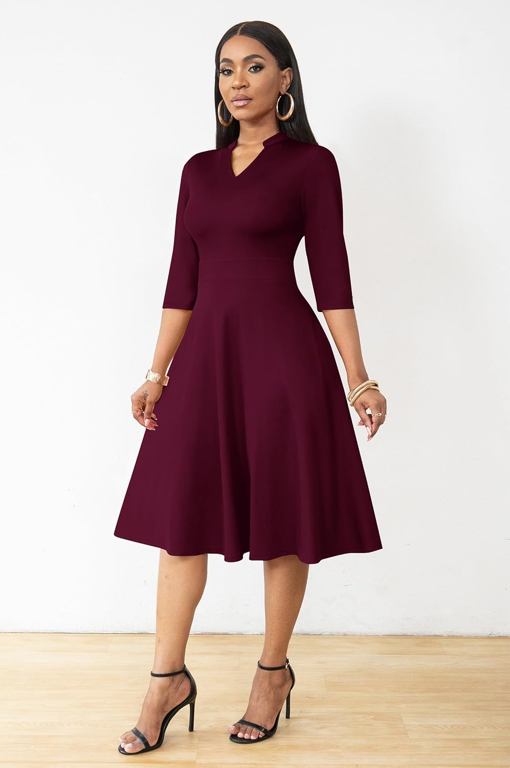 AOMONI Church Dresses for Women 3/4 Sleeve Fit and Flare Church Dress Knee Length Midi Dresses - Image 2