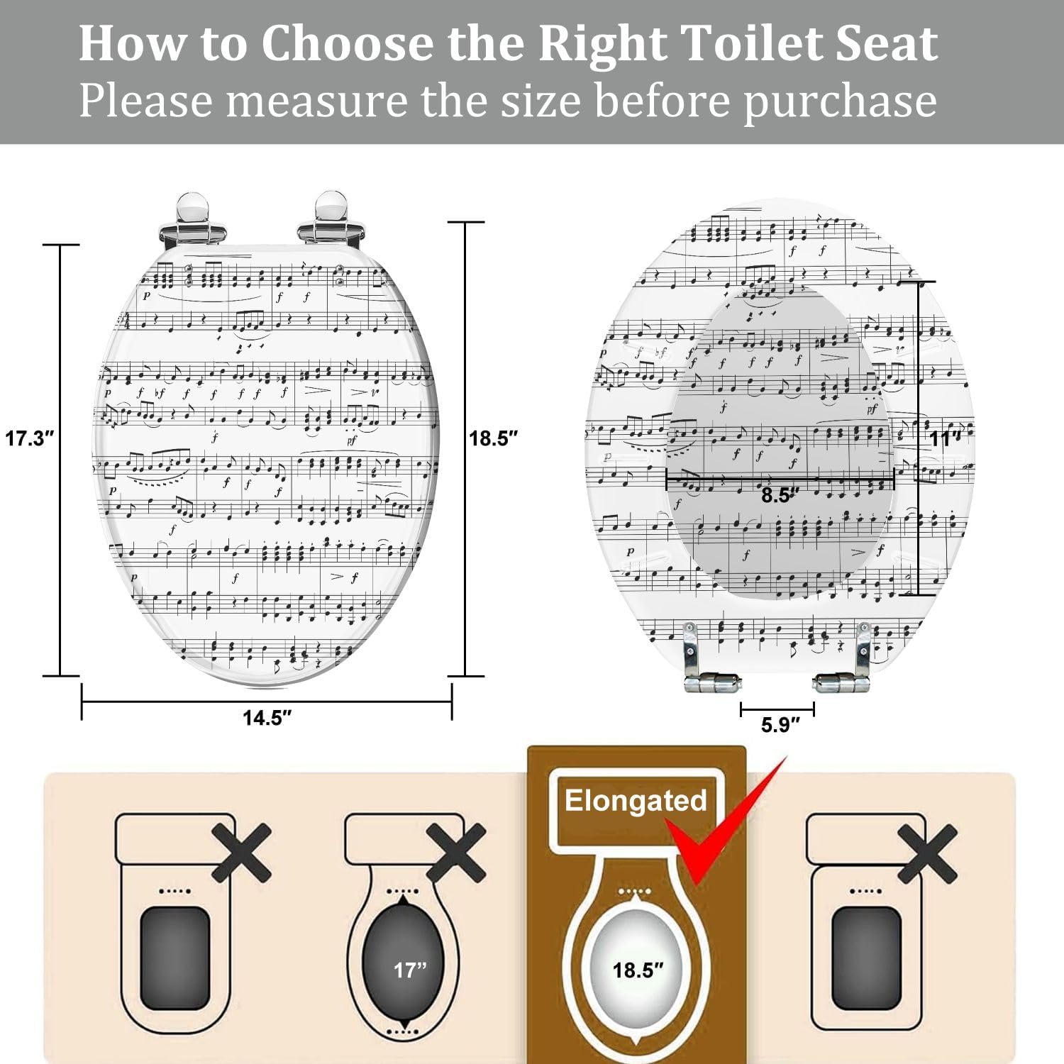 Elongated Toilet Seat Music Sheet Png Music Notes Resin Toilet Seat Quietly Close Quick Release Hinges with Cover Bumpers Decorative Easy to Install Clean
