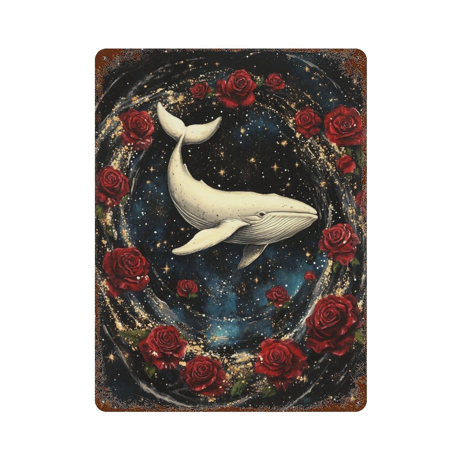 Whale Roses Galaxy Art Print-2 Rust Effect Tin Sign 15.7"x11.8", Vintage Wall Decor for Garage, Pub Or Kitchen