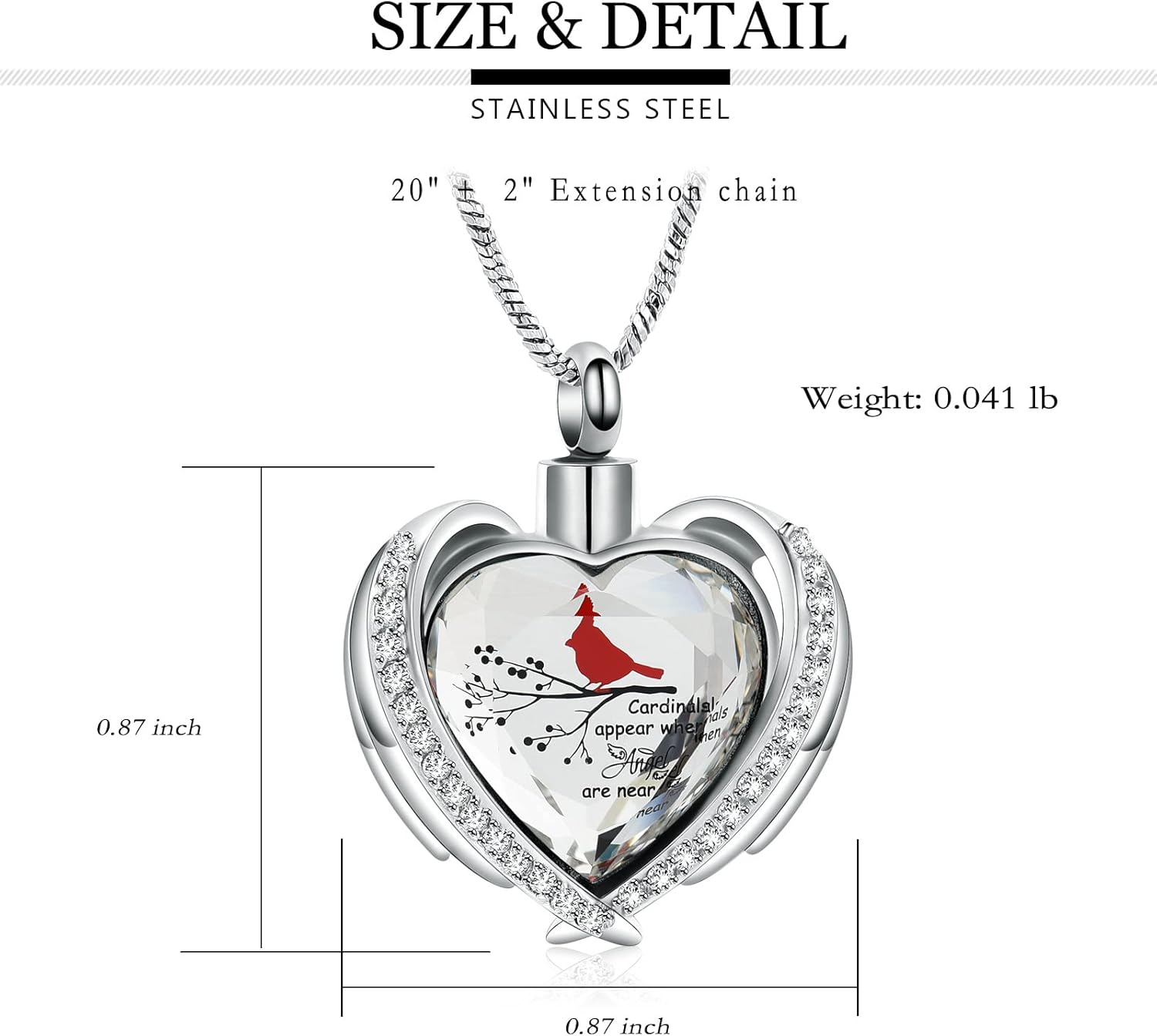 Yinplsmemory Red Cardinal Cremation Jewelry Angel Wing Crystal Heart Urn Ashes Necklace for Women Men Memorial Keepsake Urn Jewelry - Image 2