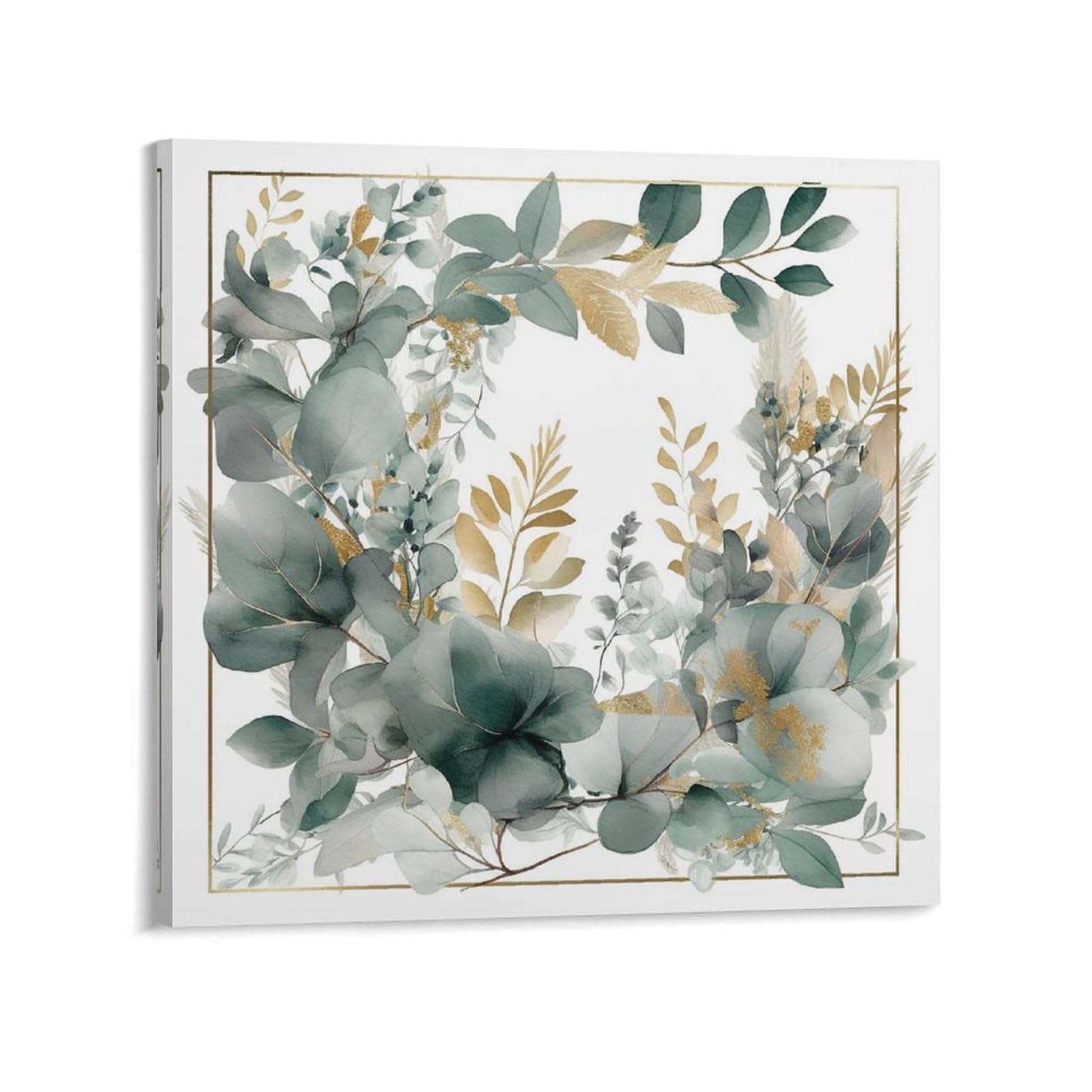 Gold And Green Leaves Canvas Wall Art for Bedroom 20x20inch(50x50cm) Canvas Prints Artwork for Walls Modern Picture Artwork Painting for Living Room Aesthetic Wall Paintings for Bathroom Kitchen Offic