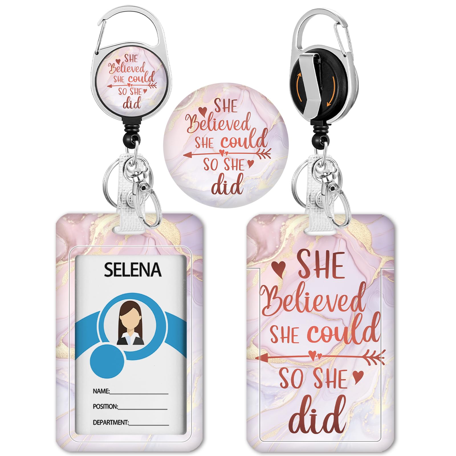 Women Inspirational Badge Holder with Retractable Reel, Id Card Work Badge Holder with Clip Heavy Duty, Vertical Card Name Tag Badge Cover Case Protector for Work Office Nurse Teacher Gifts