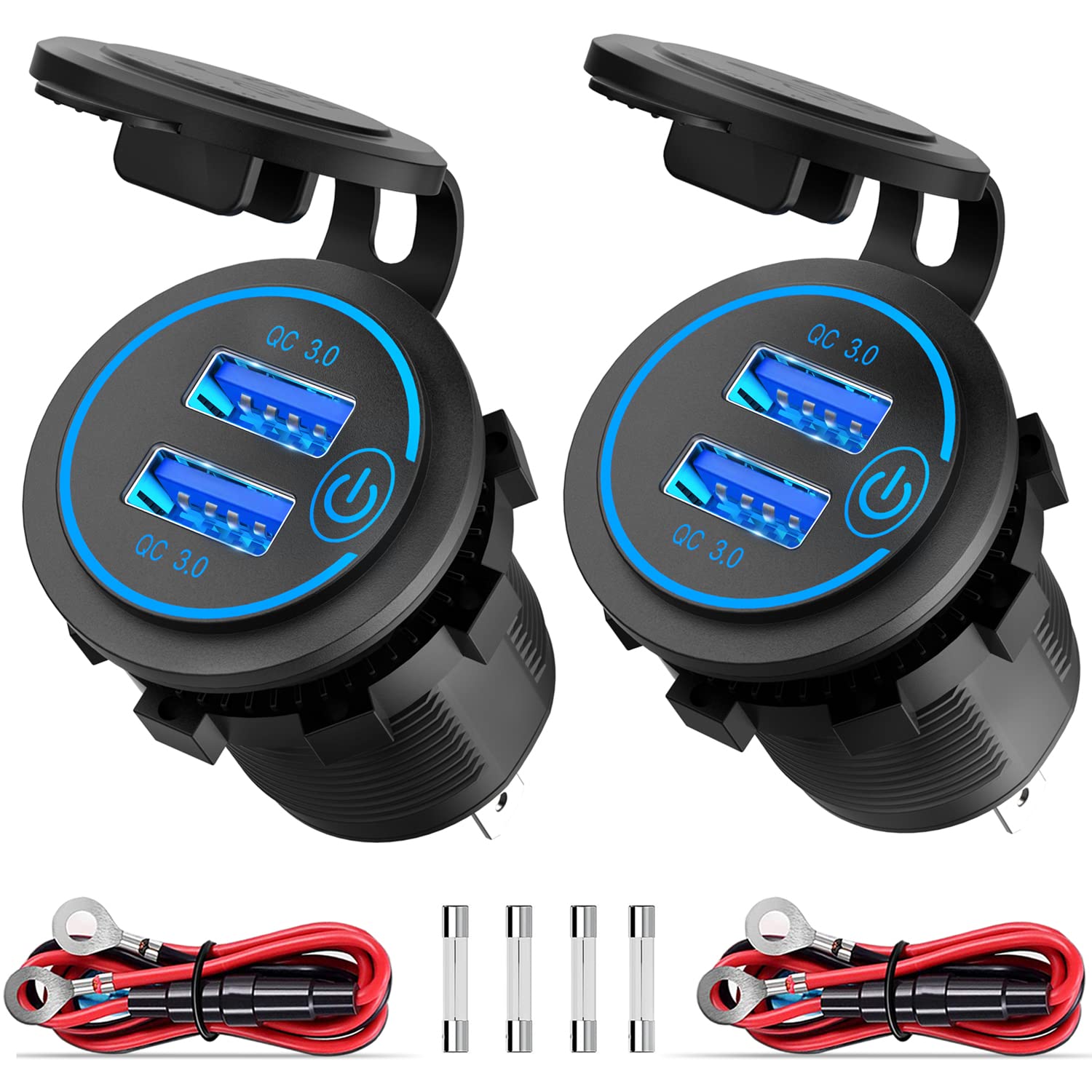 JZK Caricabatterie Auto QC 3.0 Doppia Porta USB + Presa Accendisigari 12V/24V Con Interruttore Touch