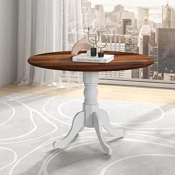 40-inch Round Dining Table, Mid Century Modern Kitchen Table with Circle Tabletop & Curved Trestle Legs, Pedestal Dinette Table for 4, Leisure Coffee Table for Bistro Walnut & White